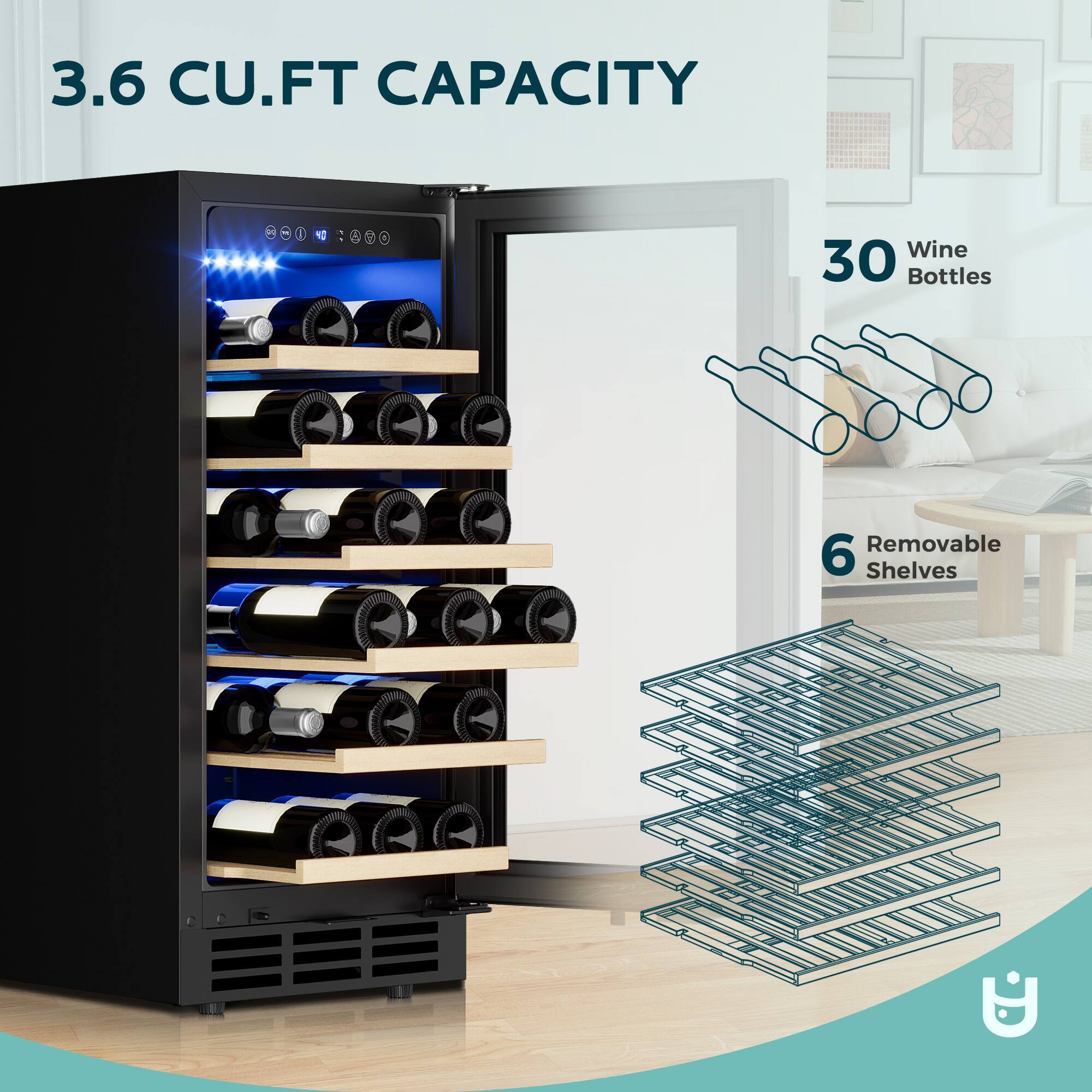 3.6 CU.FT CAPACITY

30 Wine Bottles

6 Removable Shelves