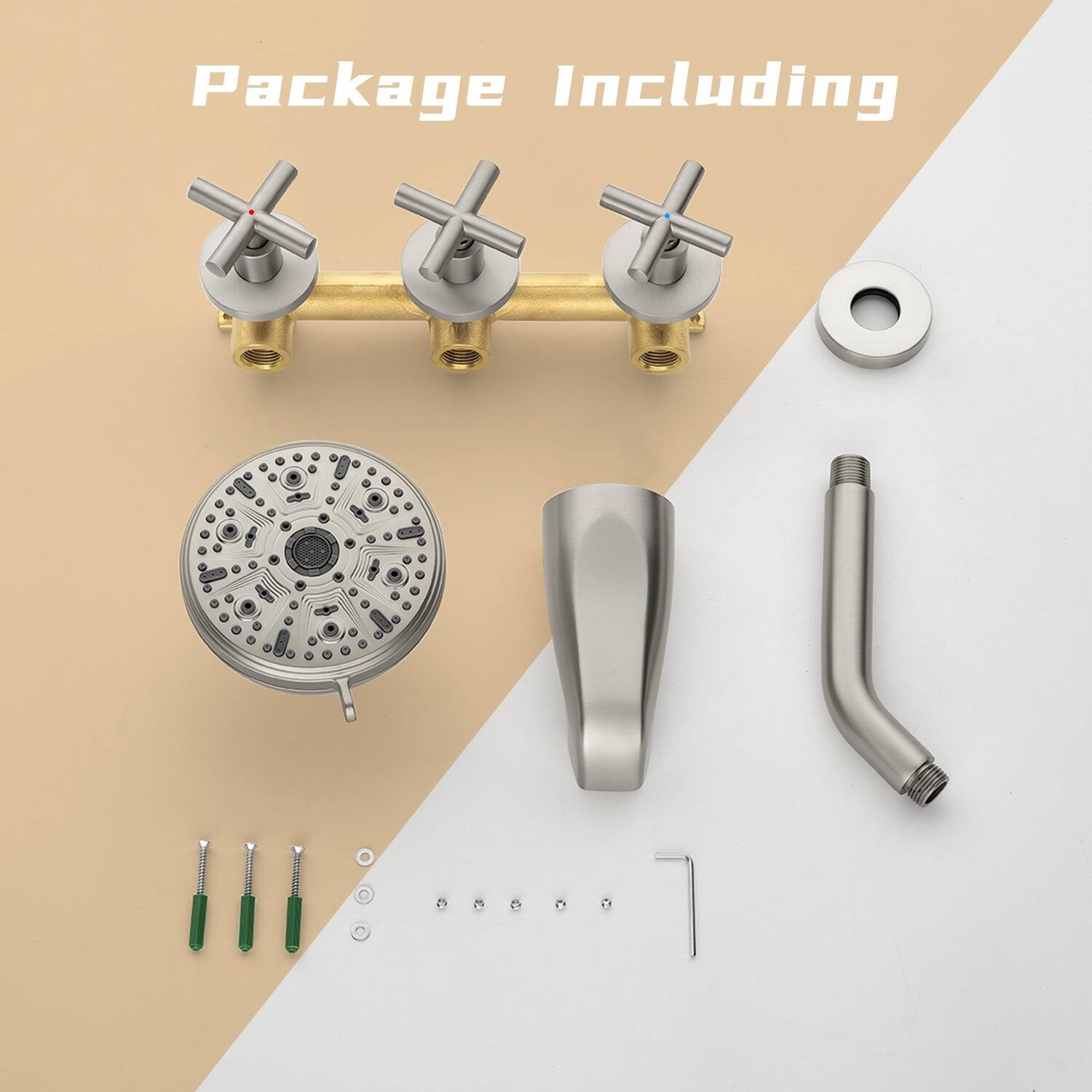 Package Including

- 3 Faucet Handles
- 1 Faucet Body
- 1 Faucet Plate
- 1 Faucet Spout
- 1 Faucet Base
- 1 Faucet Cap
- 4 Green Screws
- 4 Washers
- 4 Small Screws
- 1 L-Shaped Screw