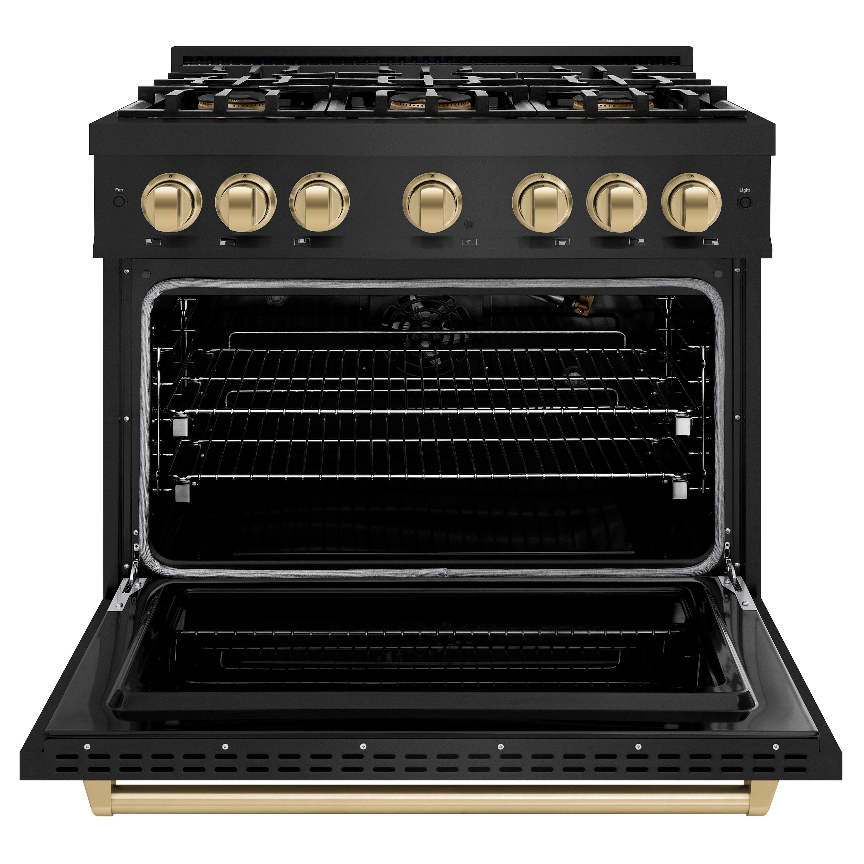 Angle. ZLINE - Autograph 36 in. 5.2 cu. ft. Classic Freestanding Gas Range with DuoPro Cooktop in Black Steel and Bronze Accents - Black Stainless Steel.