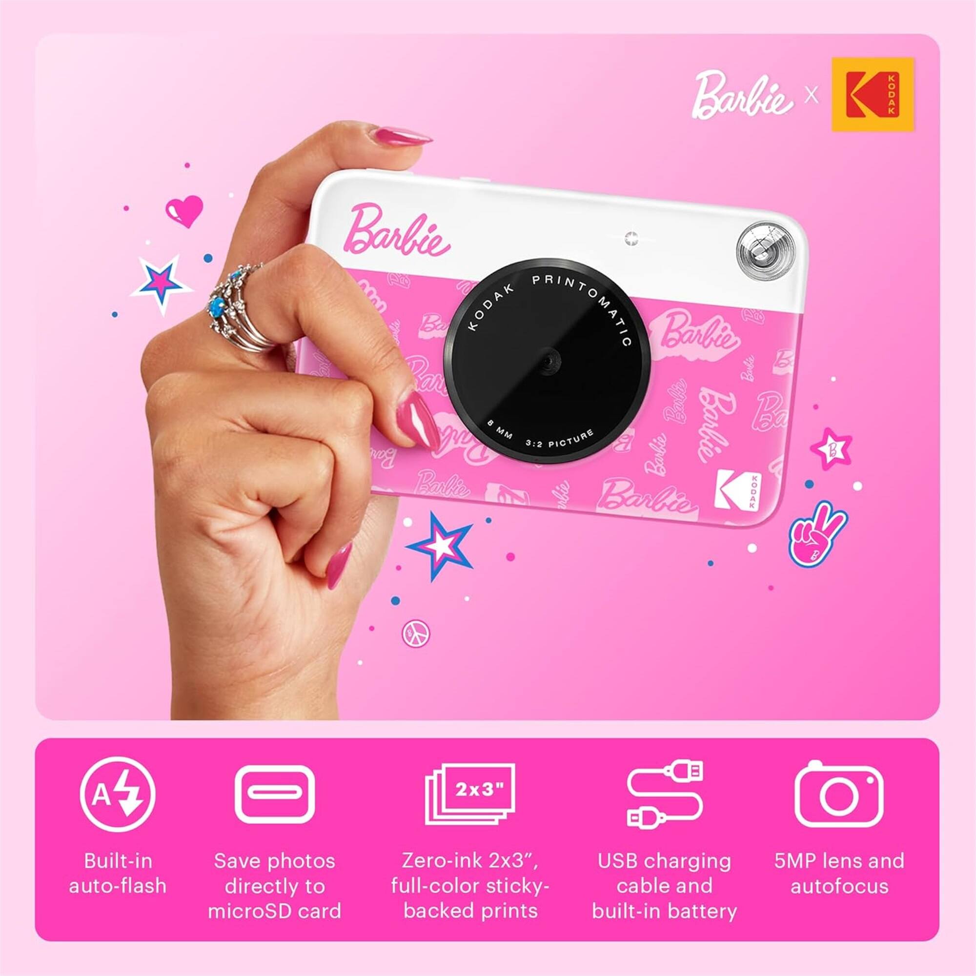 Barbie X KODAK Barbie Instamatic Pocket Printer. Barbie Rar. Bolte Barbie Baobie vbe Barbie I A 2x3" Built-in Save photos auto-flash directly to microSD card Zero-ink 2x3", full-color sticky- backed prints USB charging cable and built-in battery 5MP lens and autofocus.