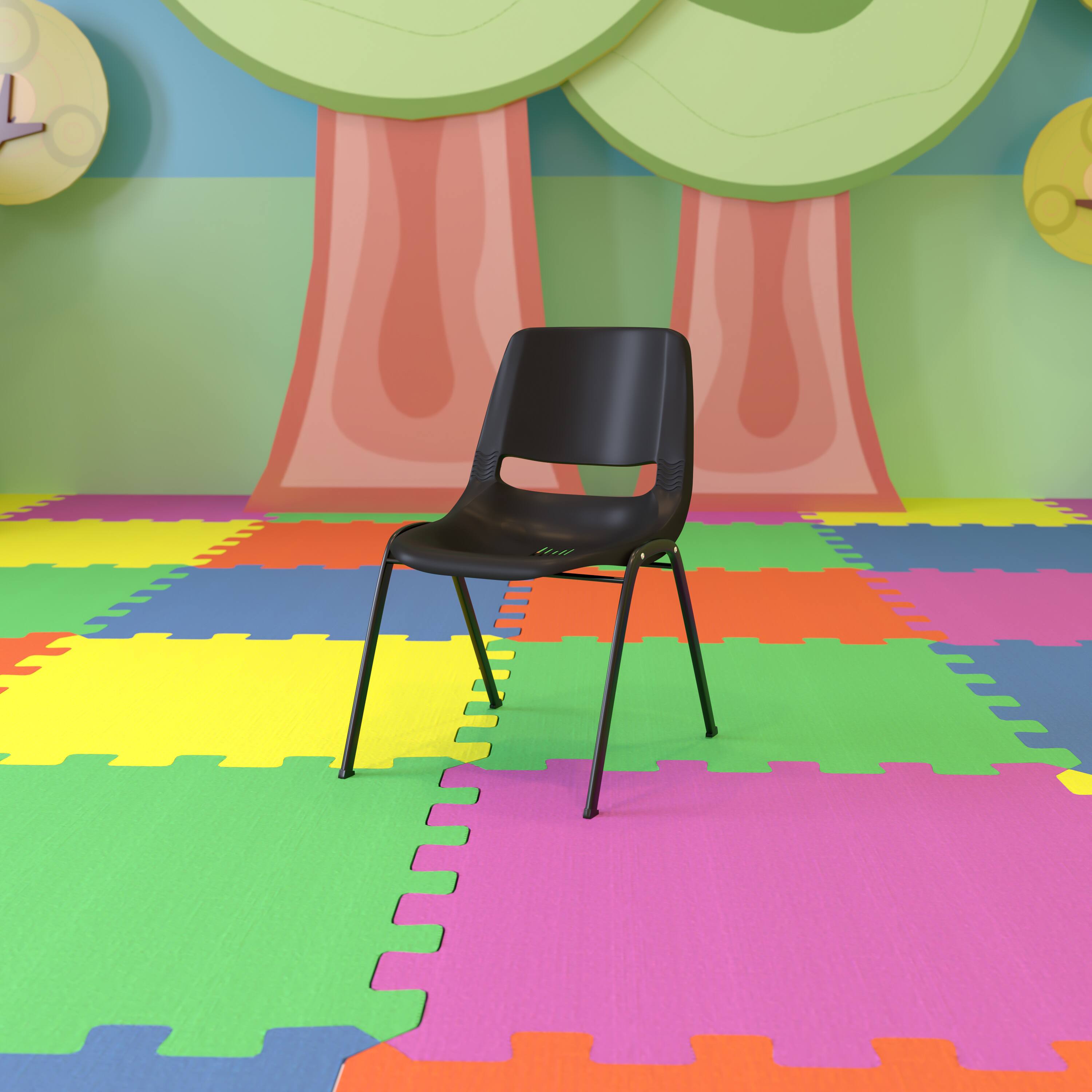 Alt View 1. Emma + Oliver - Ergonomic Kid's Shell Stack Chair - 12" Seat Daycare Home School - Black Plastic/Black Frame.