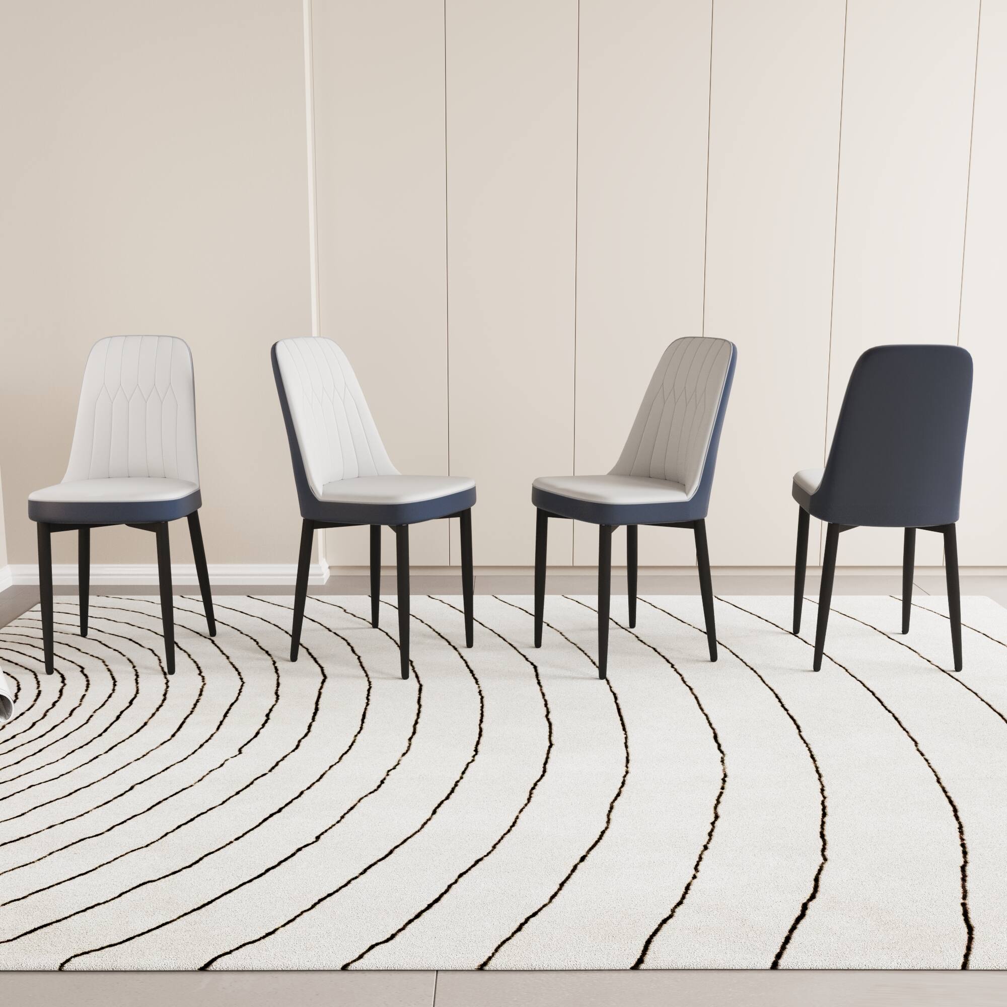 Left. Tiramisubest - Modern Style Dining Chair Set of 4, High-Quality PU Leather with Thick Cushions, Black Metal Legs, White and Blue - White.