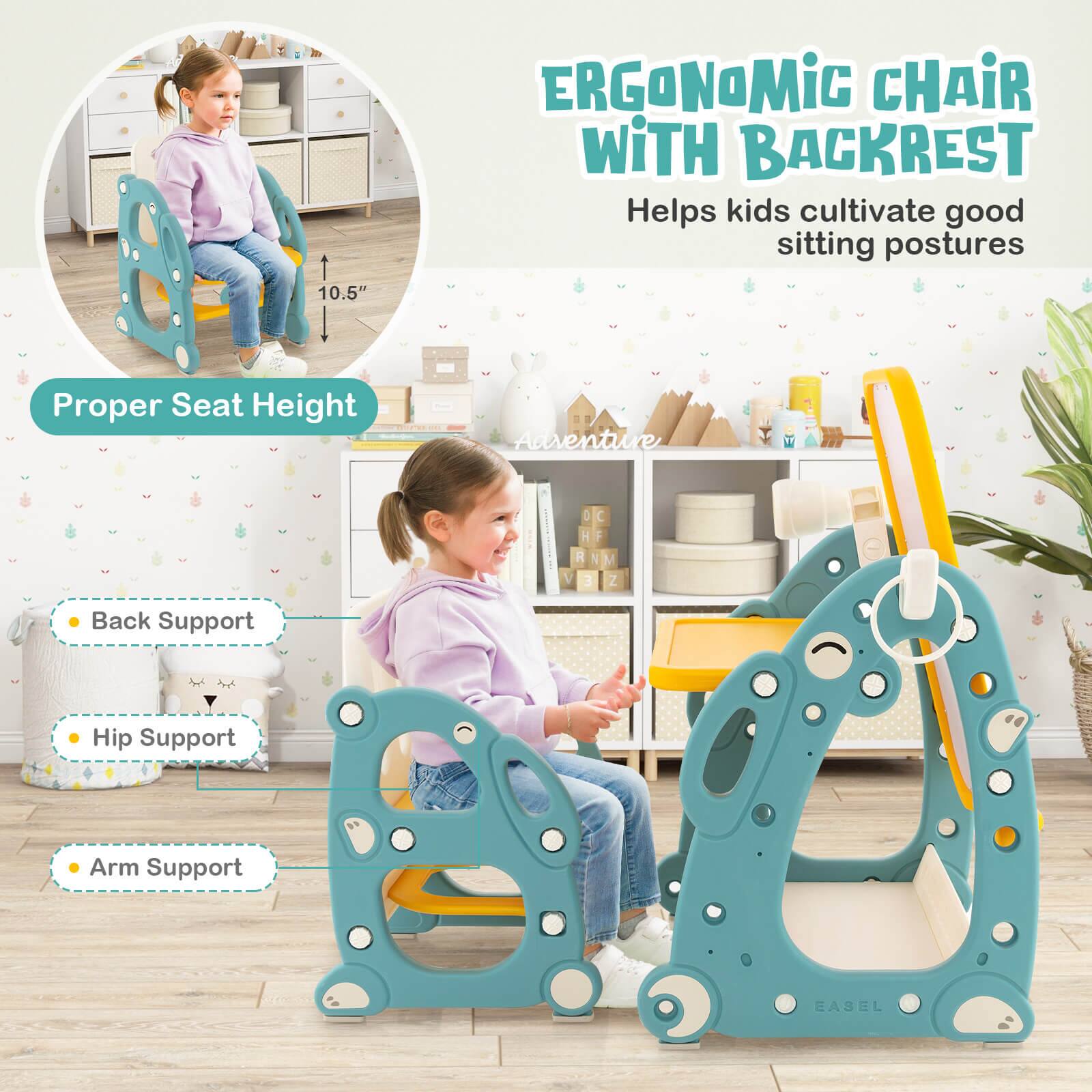 The text on the image reads: "10.5" Ergonomic Chair with Backrest helps kids cultivate good sitting postures. Proper Seat Height. Adjustable D, H, R, N, M 3 Z Back Support. Hip Support. Arm Support. Easel."
