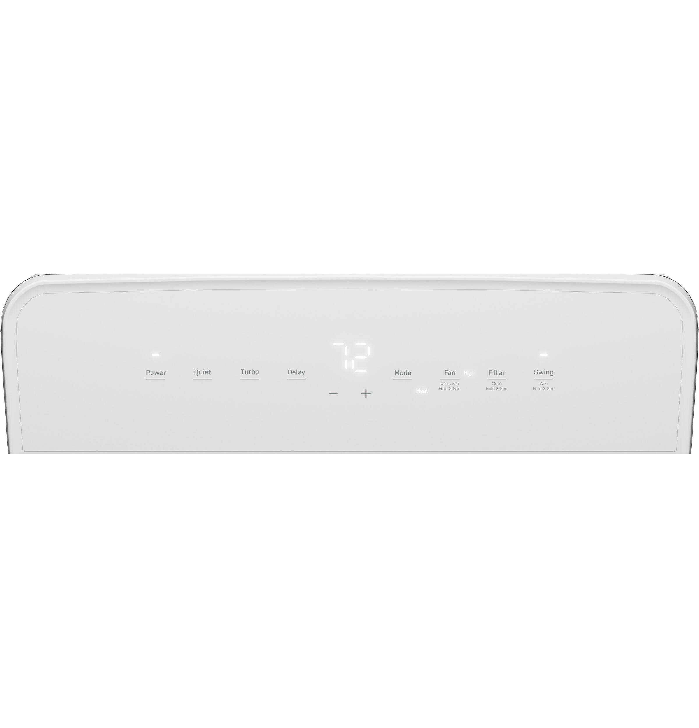 The text on the image reads "Power Quiet Turbo Delay 12 e + Mode H Fan sgh Core - - - Filter - - d - Swing - - d -". This is a description of a device that has various settings and functions, such as power, quiet, turbo, delay, and fan modes. It also has a filter and swing feature.