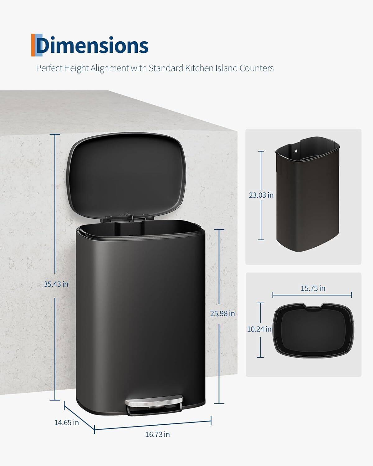 Dimensions  
Perfect Height Alignment with Standard Kitchen Island Counters  

- Height: 35.43 in  
- Width: 23.03 in  
- Depth: 25.98 in  
- Base Width: 14.65 in  
- Base Depth: 16.73 in  
- Lid Height: 10.24 in  
- Lid Width: 15.75 in