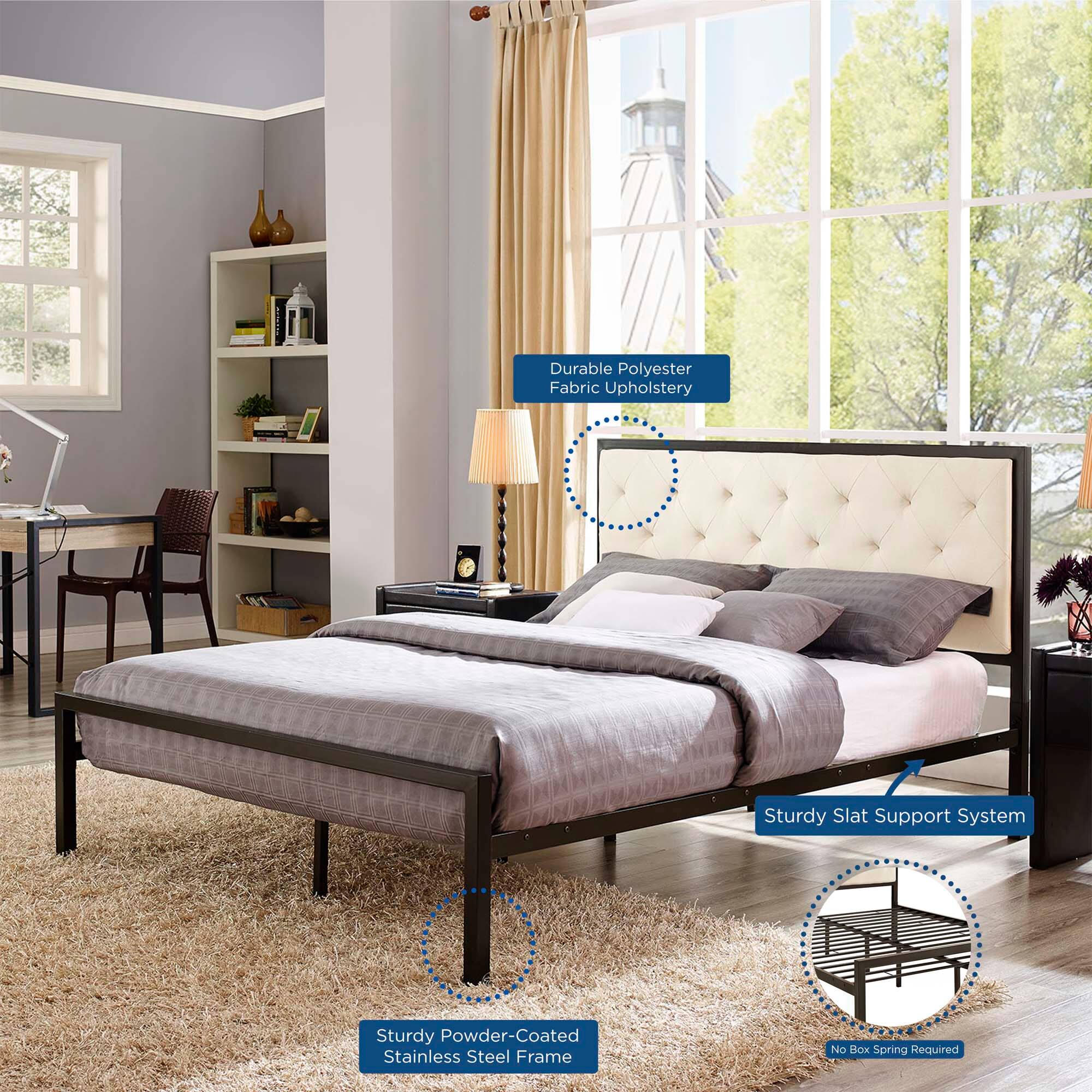 - Durable Polyester Fabric Upholstery
- Sturdy Powder-Coated Stainless Steel Frame
- Sturdy Slat Support System
- No Box Spring Required