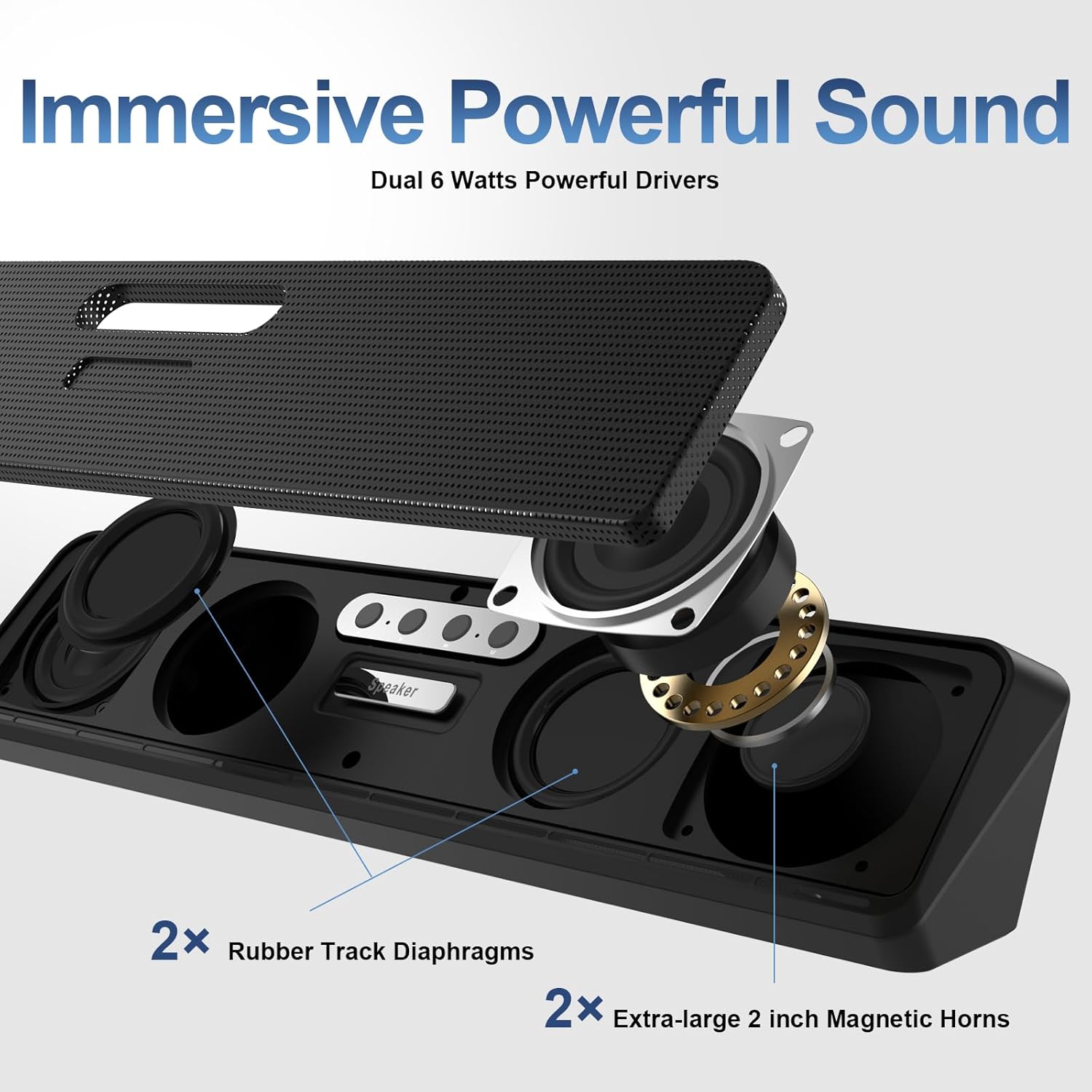 Immersive Powerful Sound  
Dual 6 Watts Powerful Drivers  

2x Rubber Track Diaphragms  
2x Extra-large 2 inch Magnetic Horns