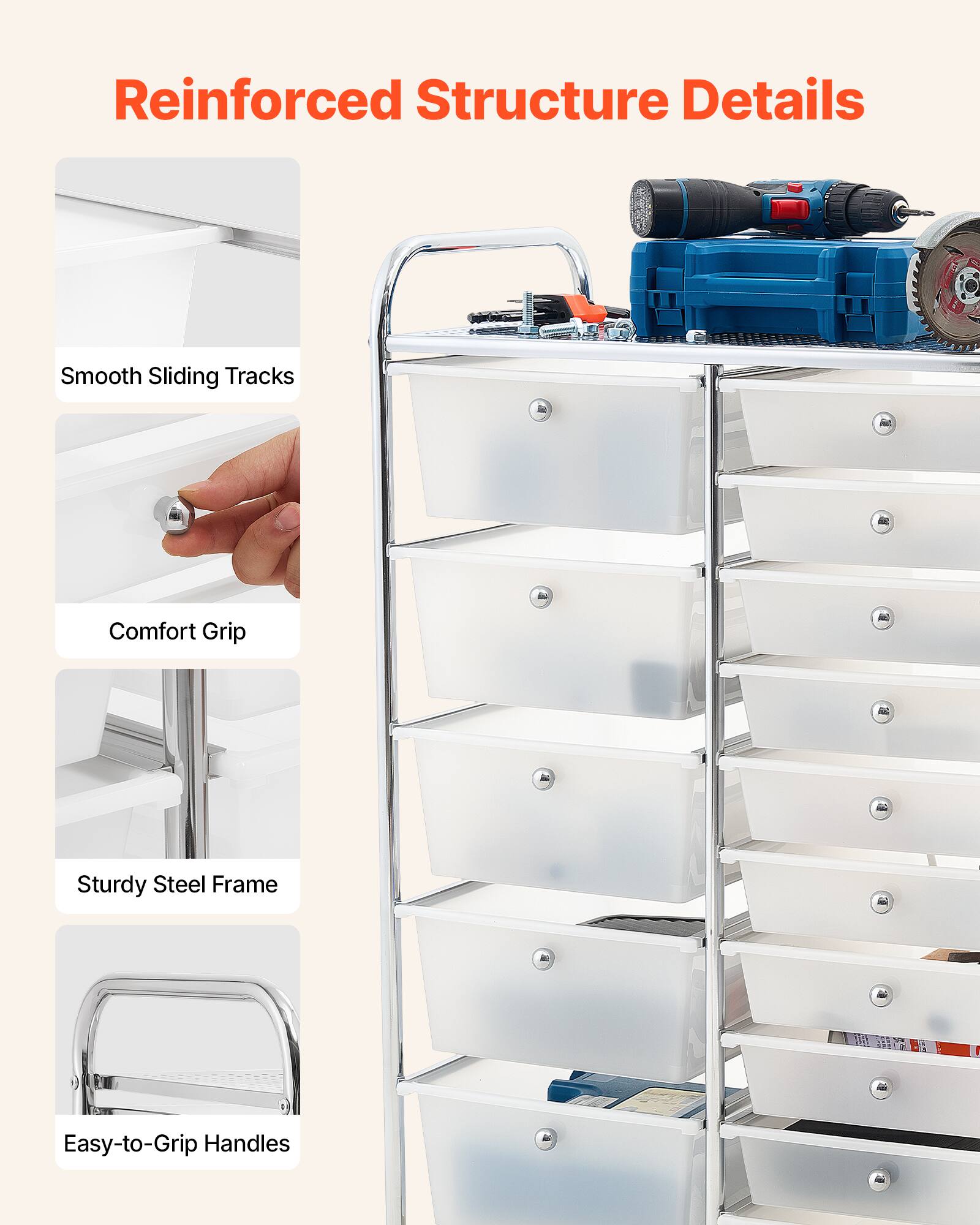 Reinforced Structure Details

- Smooth Sliding Tracks
- Comfort Grip
- Sturdy Steel Frame
- Easy-to-Grip Handles