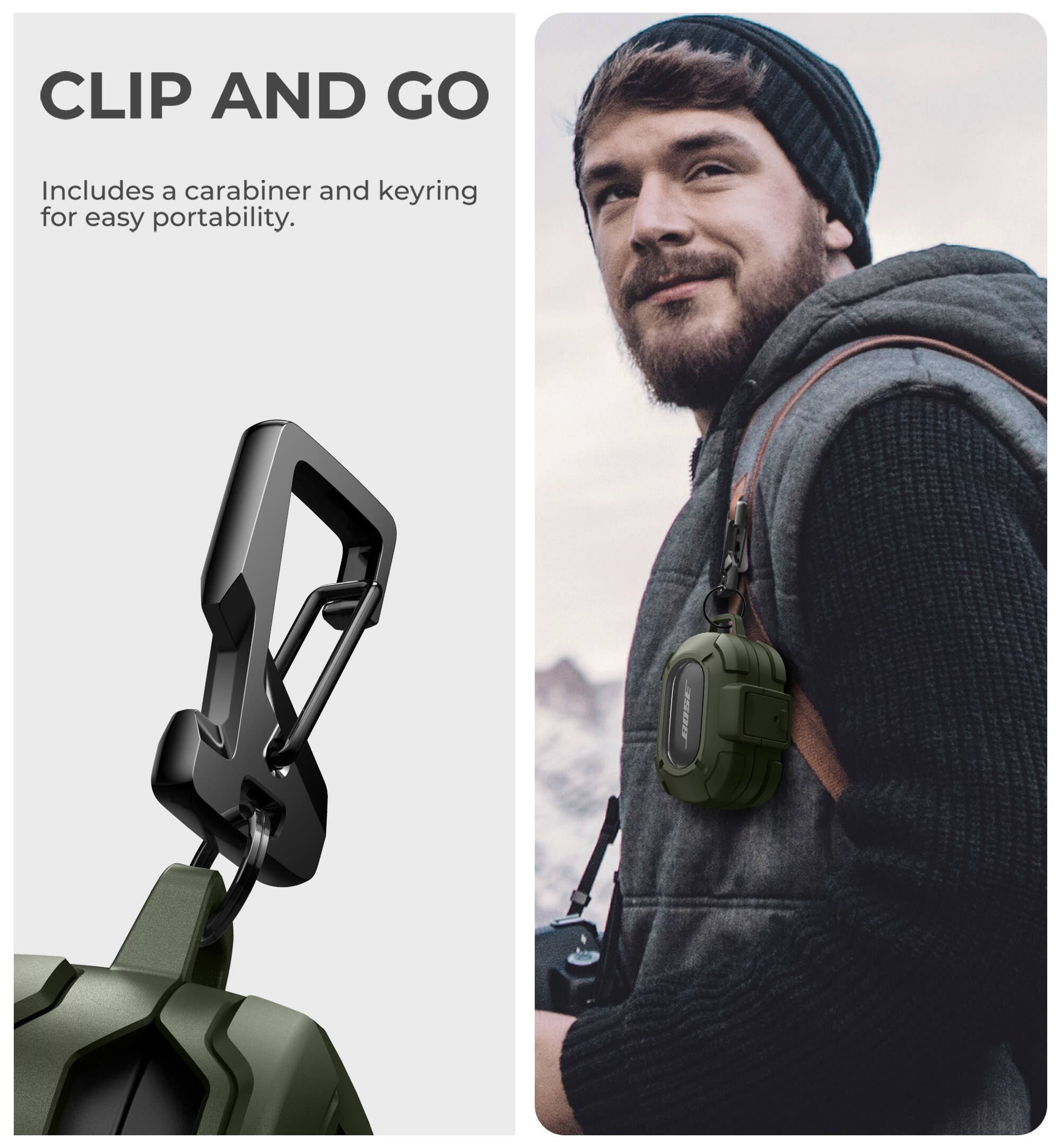 CLIP AND GO  
Includes a carabiner and keyring for easy portability.