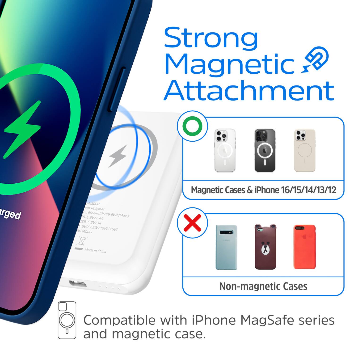 Strong Magnetic Attachment

Charged

Magnetic Cases & iPhone 16/15/14/13/12

Non-magnetic Cases

Compatible with iPhone MagSafe series and magnetic case.