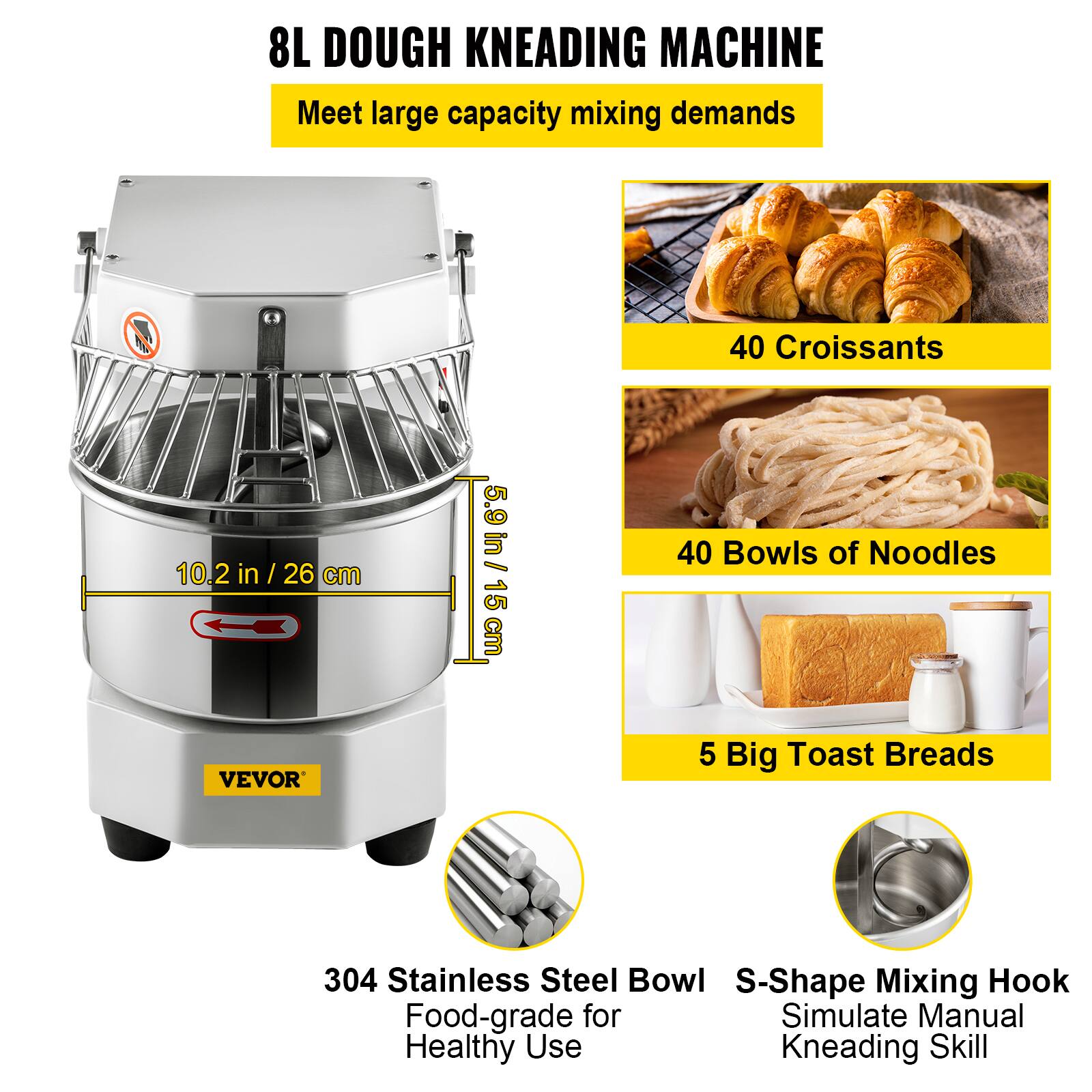 VEVOR Commercial Food Mixer, 7.3Qt Capacity, 450W Dual Rotating Dough ...