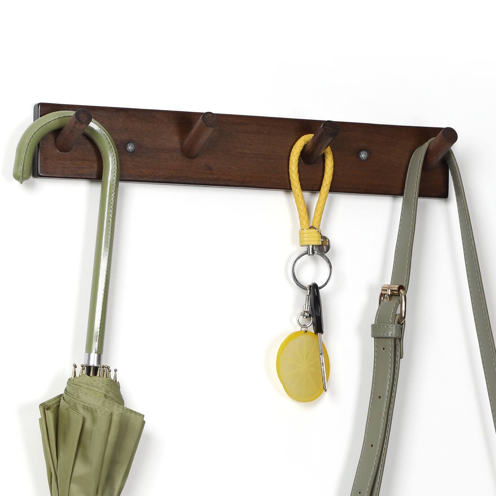 Angle. Oumilen - Wood Wall Coat Rack with 4 Hooks – Rustic Entryway Hanger for Hats, Bags, Umbrellas, Home Decor - Rustic Brown.