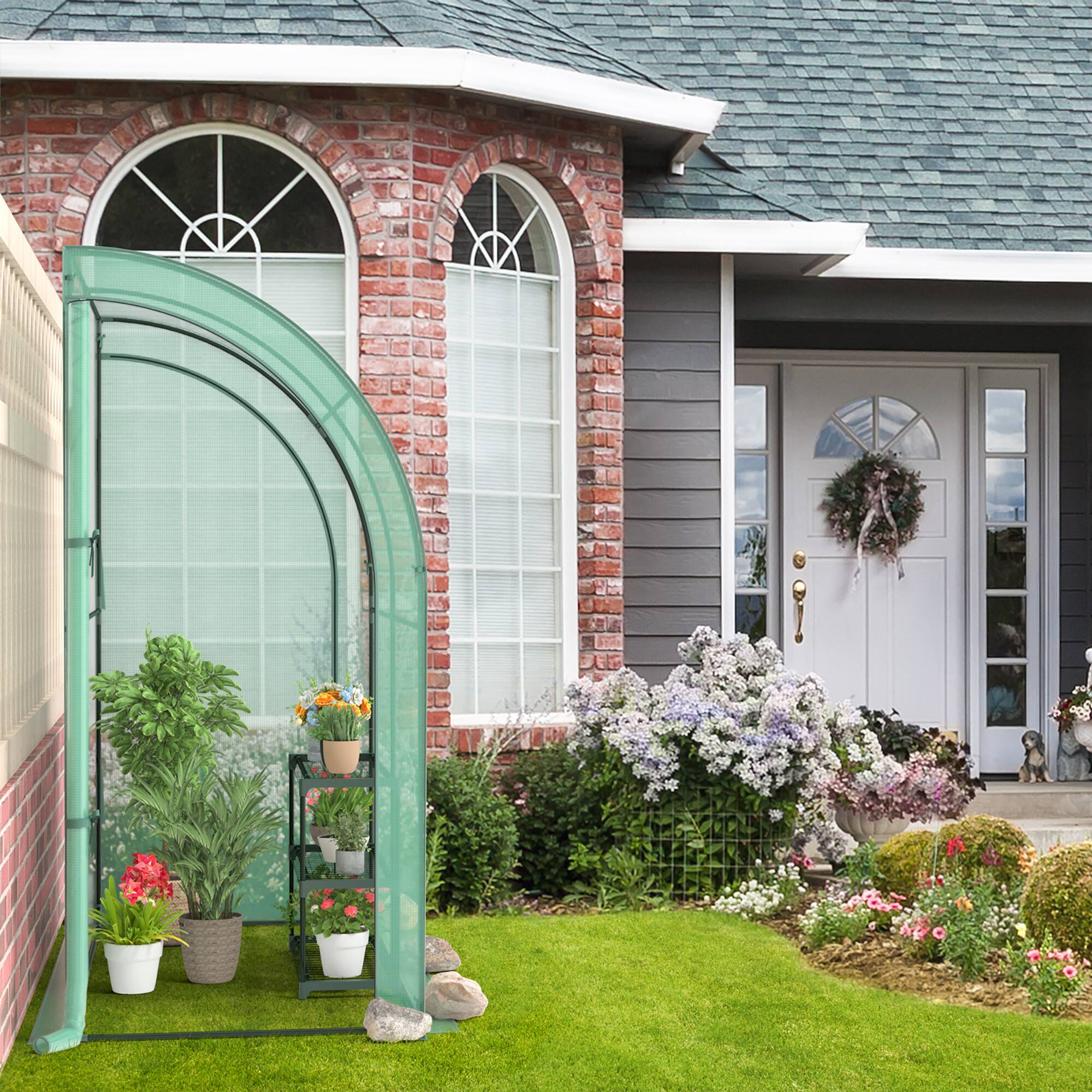 Alt View 4. Costway - Costway 7'x 3.5'x 7' Lean-to Greenhouse Portable Wall House with Green PE Cover and Shelf - Green.