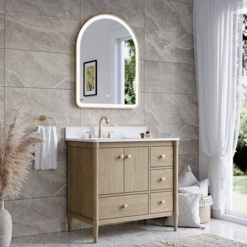 Angle. WELLFOR - 28" x 36" Arched Framed Bathroom Mirror with LED Light ,Defogger & Memory Function, Wall Mounted Vanity Mirror - Brushed Gold.