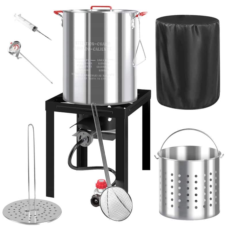 FODINGHILL - 36QT Aluminum Turkey Fryer & Seafood Boil Pot with Basket, Skimmer & Cover for Outdoor Cooking - Silver