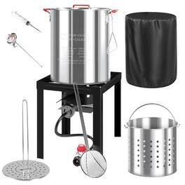 FODINGHILL - 36QT Aluminum Turkey Fryer & Seafood Boil Pot with Basket, Skimmer & Cover for Outdoor Cooking - Silver