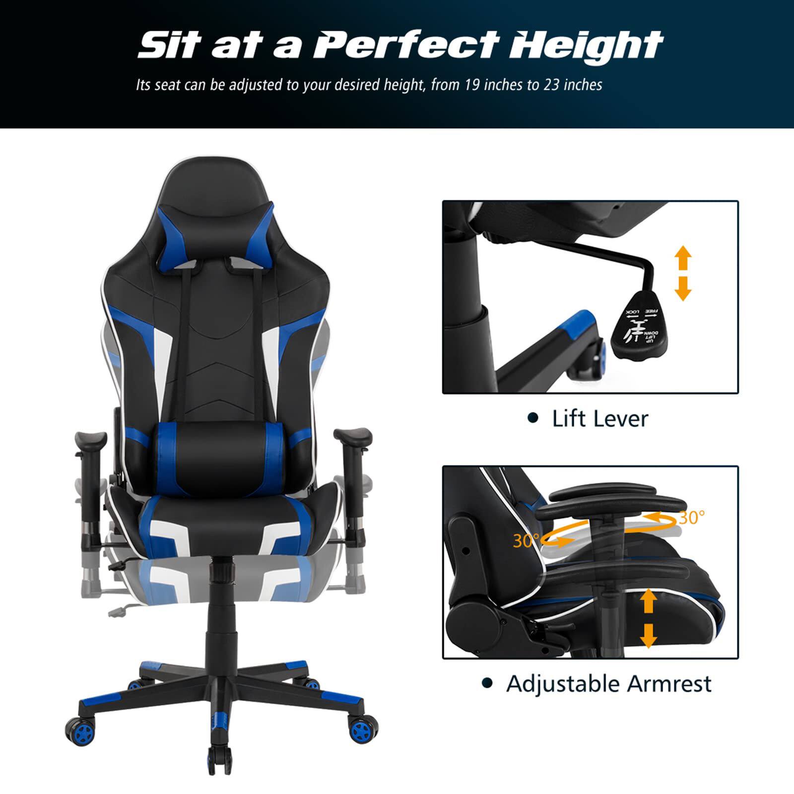 The image features a blue and black chair with a lift lever, which allows the user to adjust the height of the chair from 19 to 23 inches. The chair also has an adjustable armrest, providing added comfort and support. The chair is designed to provide a perfect height for the user, ensuring a comfortable and ergonomic seating experience.