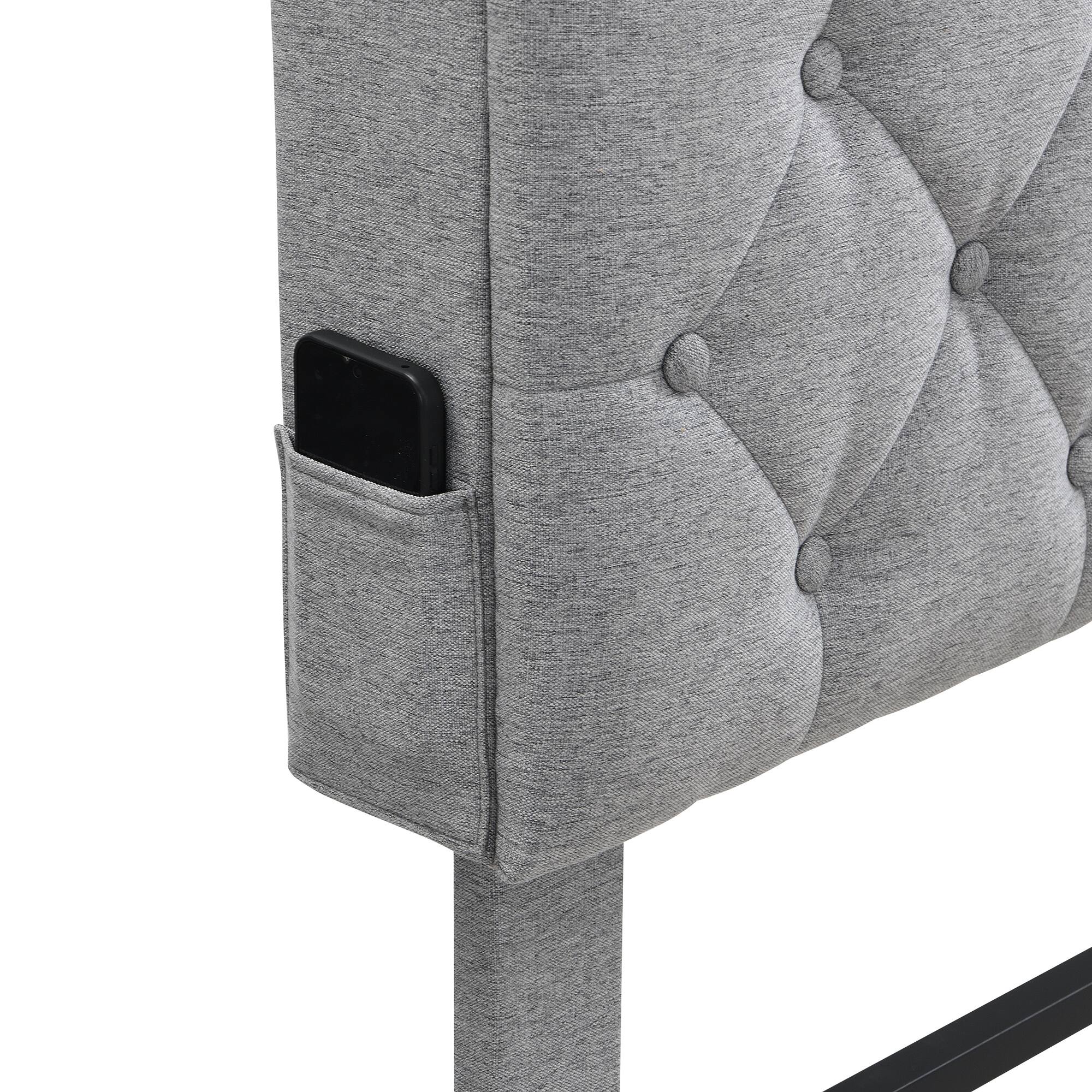 Alt View 4. LUCKY ONE - Queen Size Upholstered Platform Bed Frame with Button-Tufted Linen Headboard, USB Ports, Charging Station, Side Pockets - LIGHT GREY.