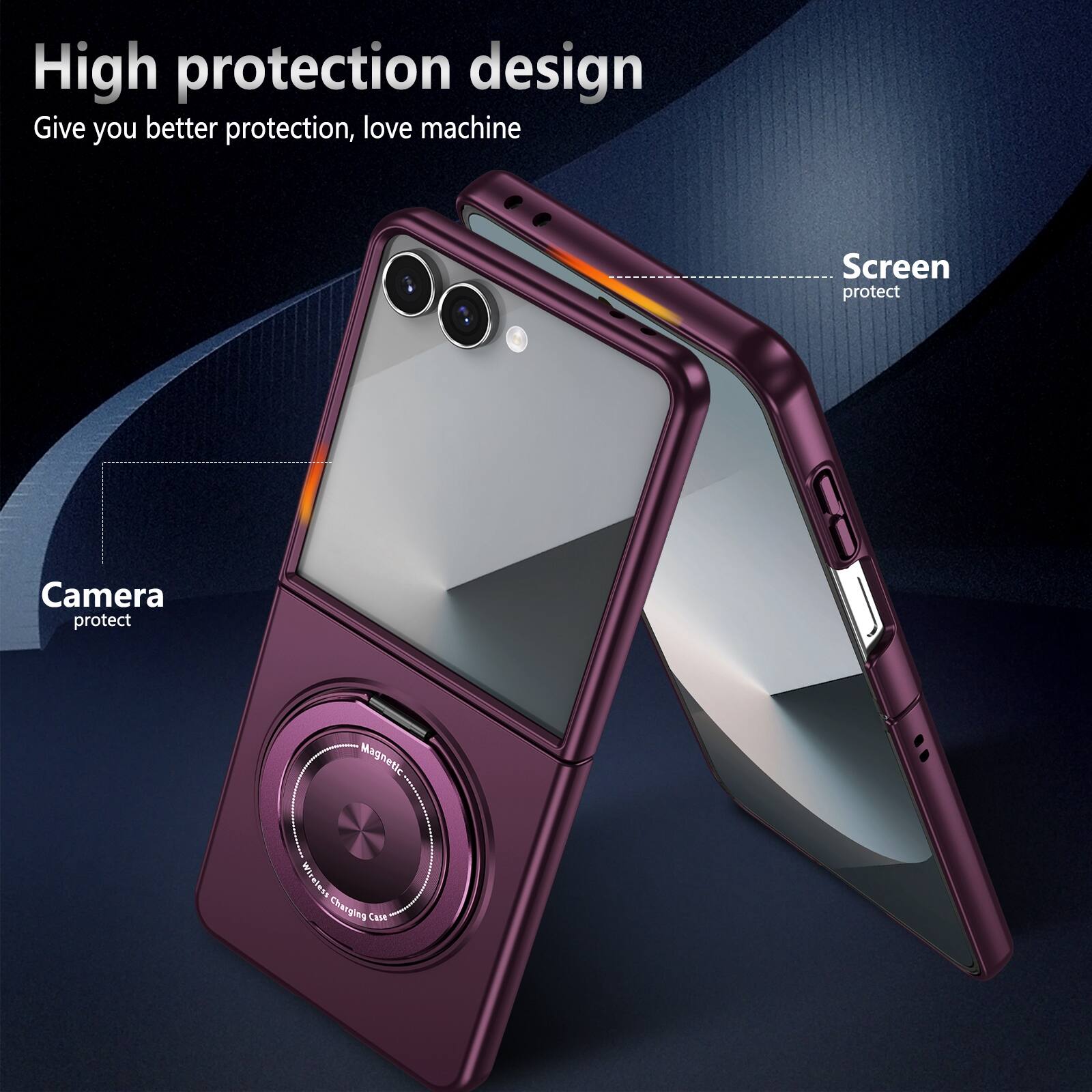 High protection design  
Give you better protection, love machine  

Screen protect  
Camera protect  

Magnetic Wireless Charging Case