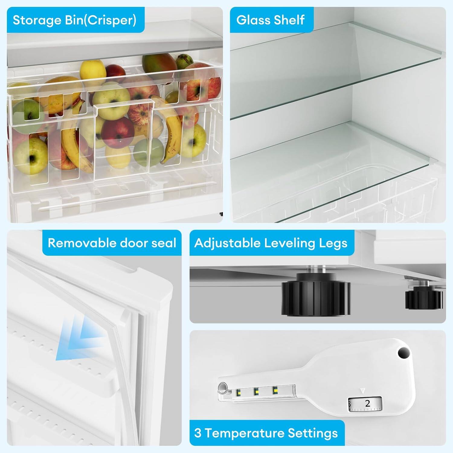 - Storage Bin (Crisper)
- Glass Shelf
- Removable door seal
- Adjustable Leveling Legs
- 3 Temperature Settings