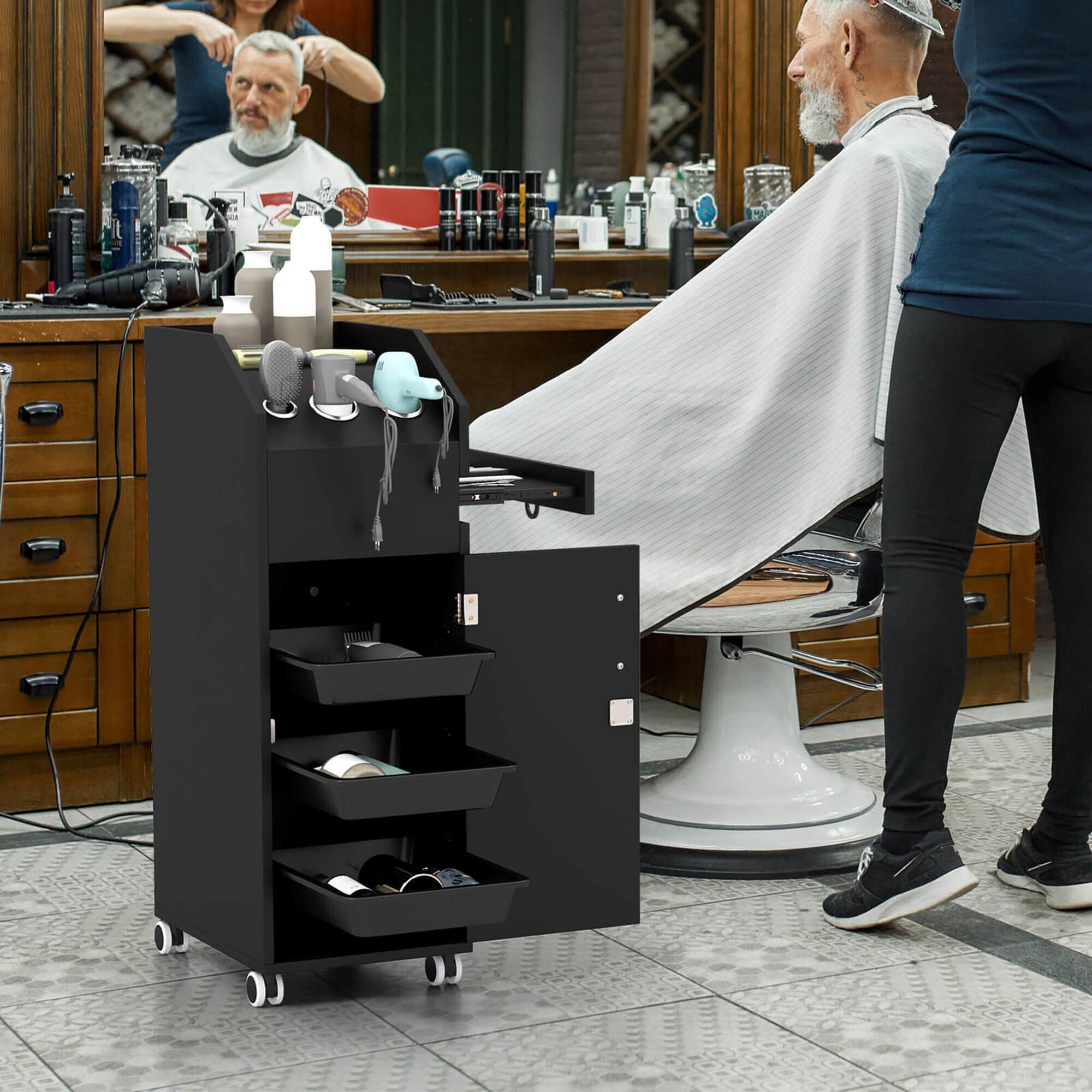 Alt View 3. Costway - Costway Salon Trolley Cart Rolling Spa Beauty Storage Cart with 3 Drawers Side Tray - Black.