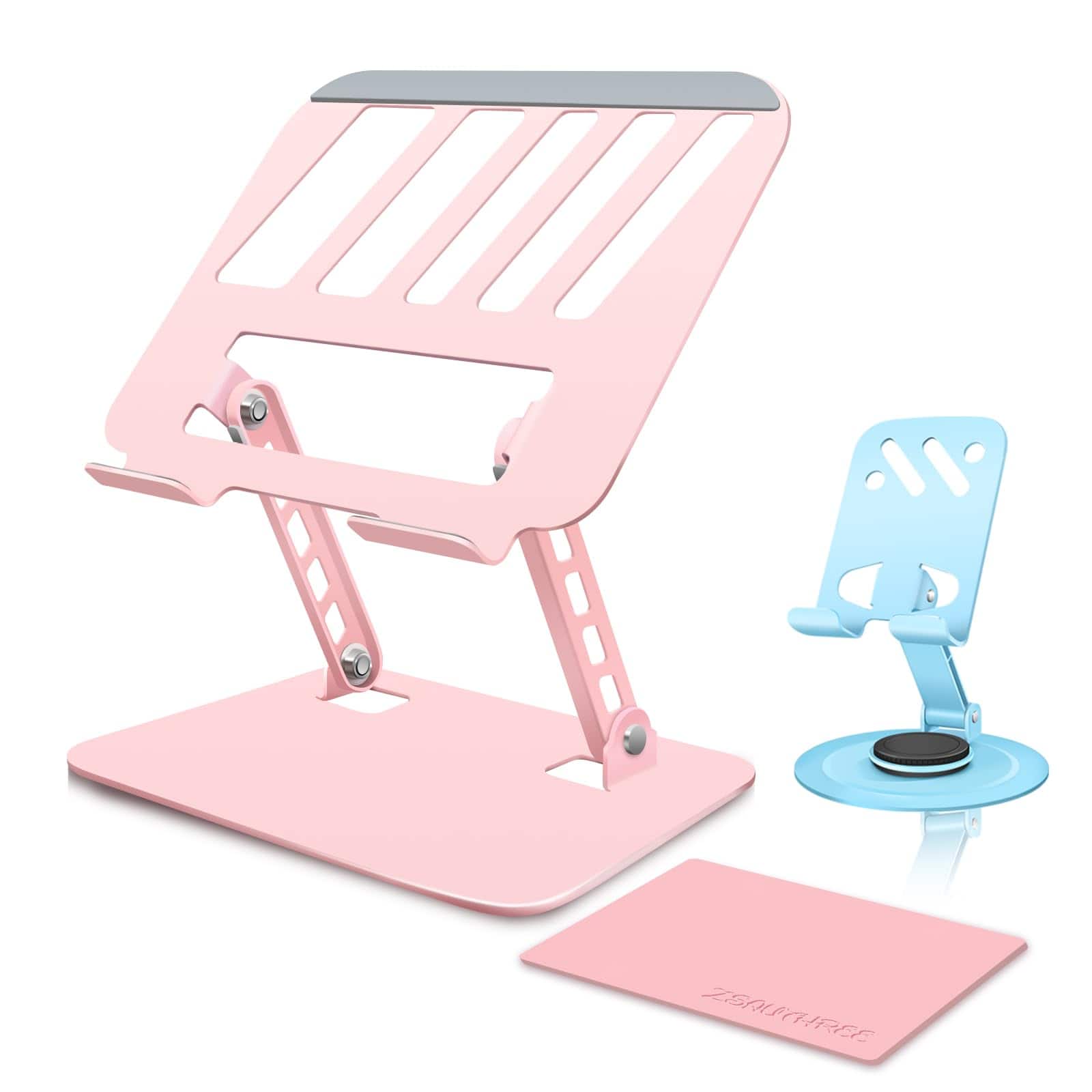 HongFei - Pink Adjustable Laptop Stand & Rotating Phone Holder, Portable, No Install Needed, Perfect for Office, Home & Travel - Pink/Blue
