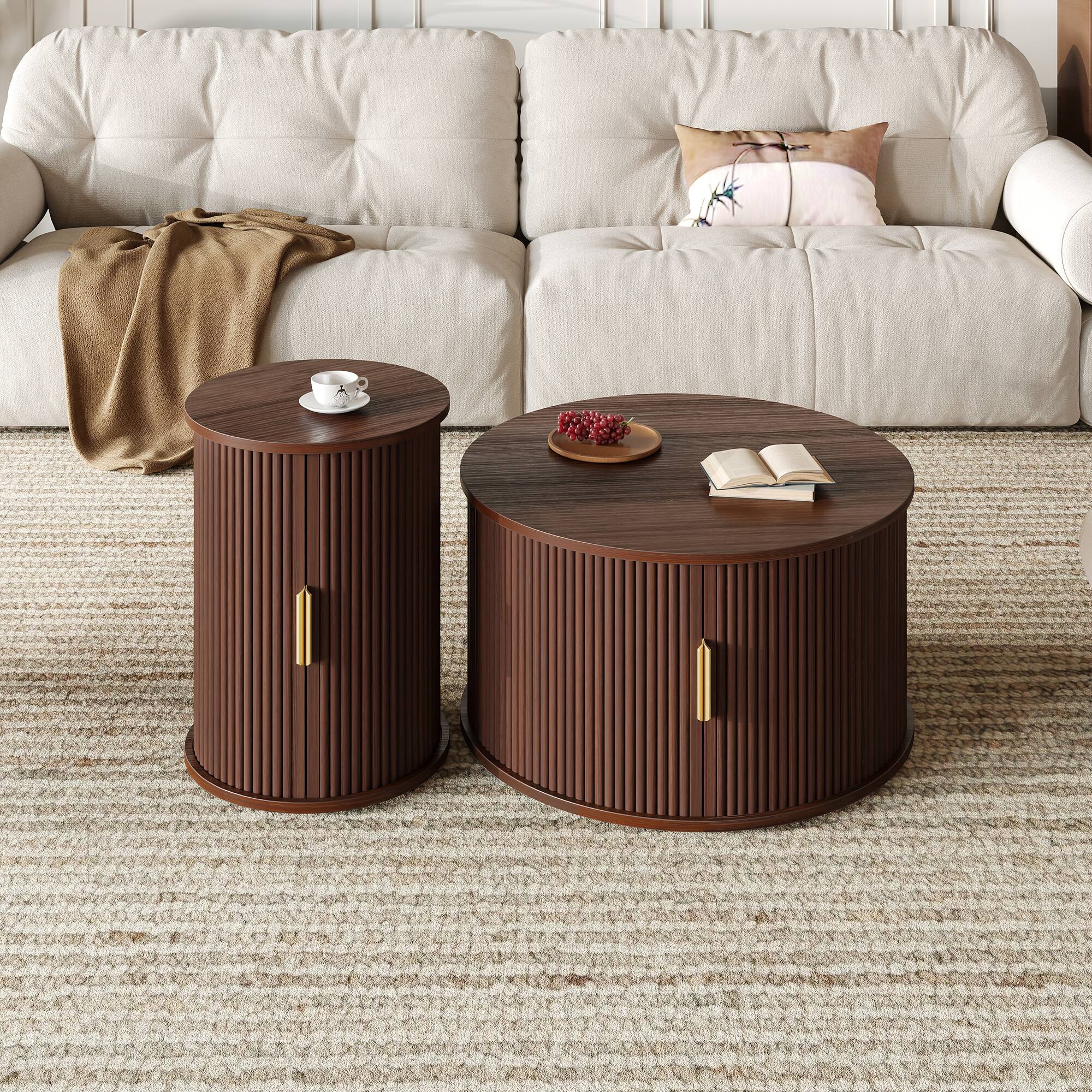 Left. Tiramisubest - Mid-Century Coffee & Side Table Set of 2 with Tambour Door,Fluted Design,Golden Handle Tall & Low Side Table,Walnut - Walnut.