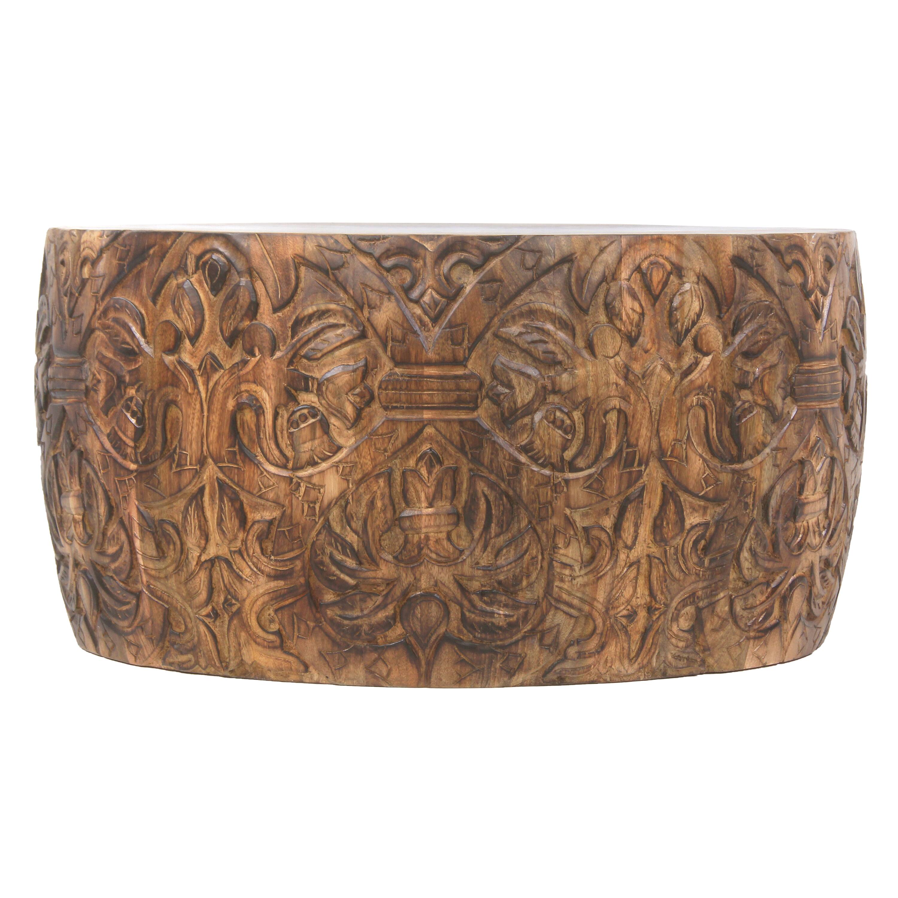 Alt View 1. Manhattan Lane - Rea 34 Inch Handcrafted Mango Wood Coffee Table, Round Drum Shape, Carved Damask Pattern - Brown.