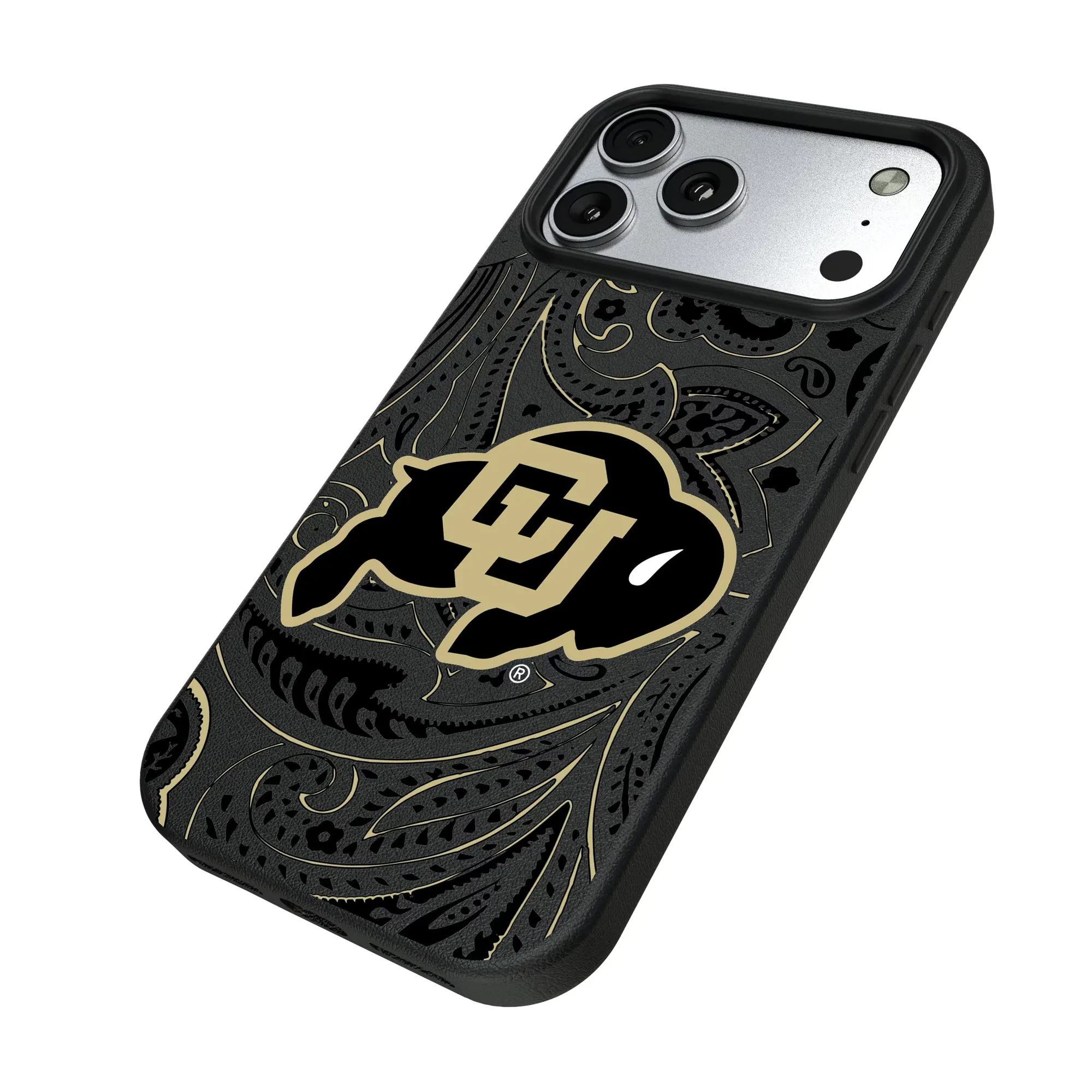 Alt View 1. Keyscaper - Colorado Buffaloes Paisley iPhone Magnetic Bump Case - 15 Pro - Black.