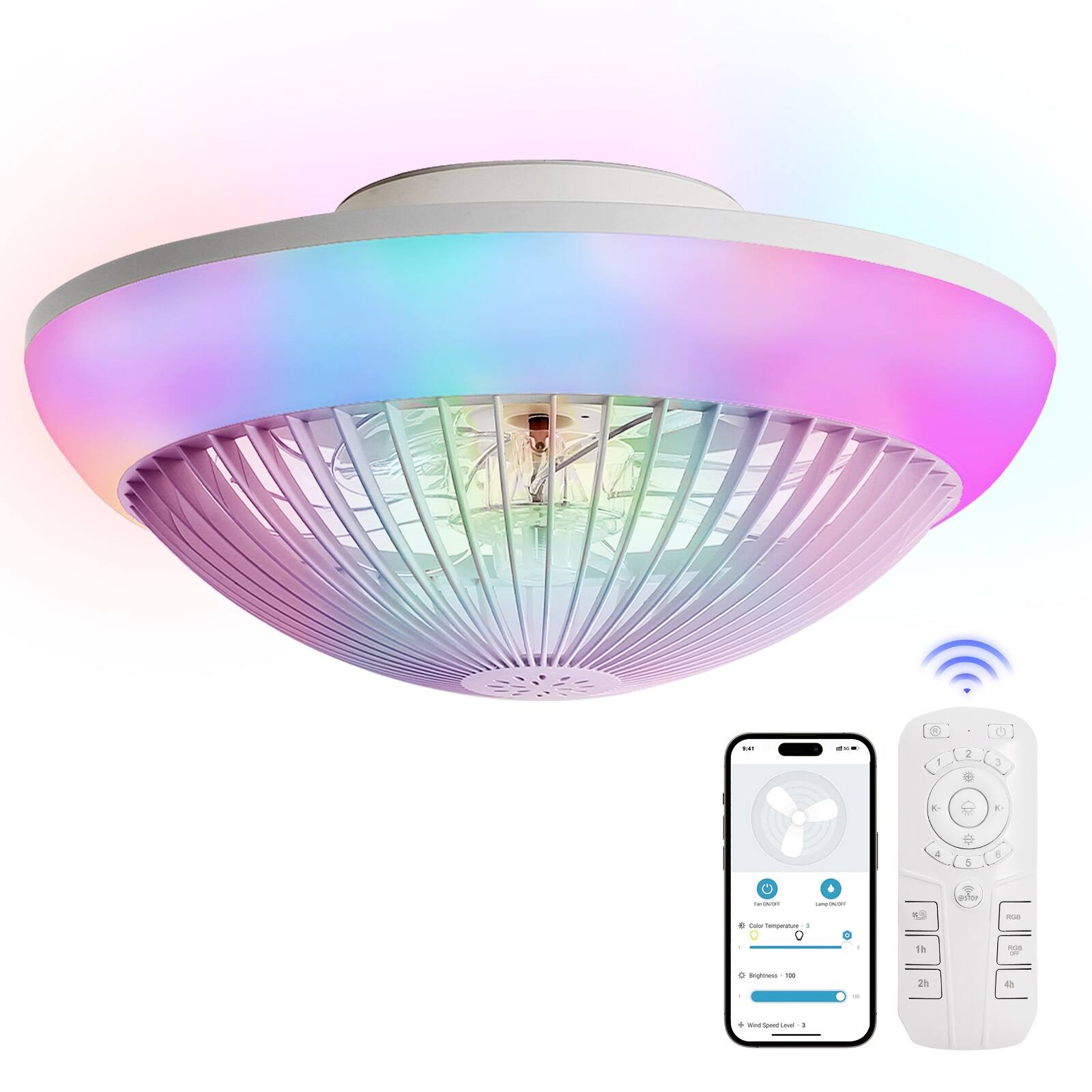 Sofucor - 15" Bladeless Ceiling Fans with Lights Remote/APP Control Enclosed Flush Mount RGB Ceiling Fan Dimmable LED Ambient - White