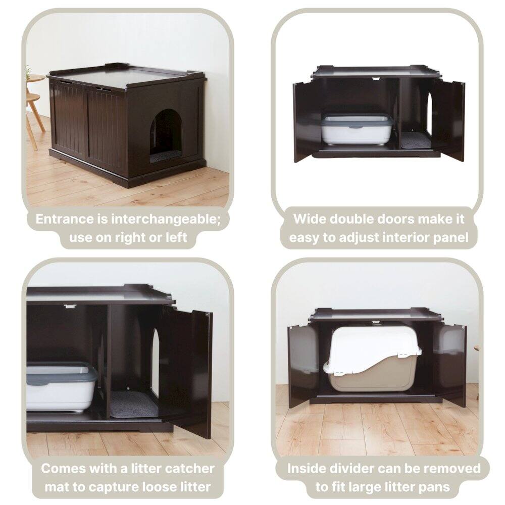 - Entrance is interchangeable; use on right or left
- Wide double doors make it easy to adjust interior panel
- Comes with a litter catcher mat to capture loose litter
- Inside divider can be removed to fit large litter pans