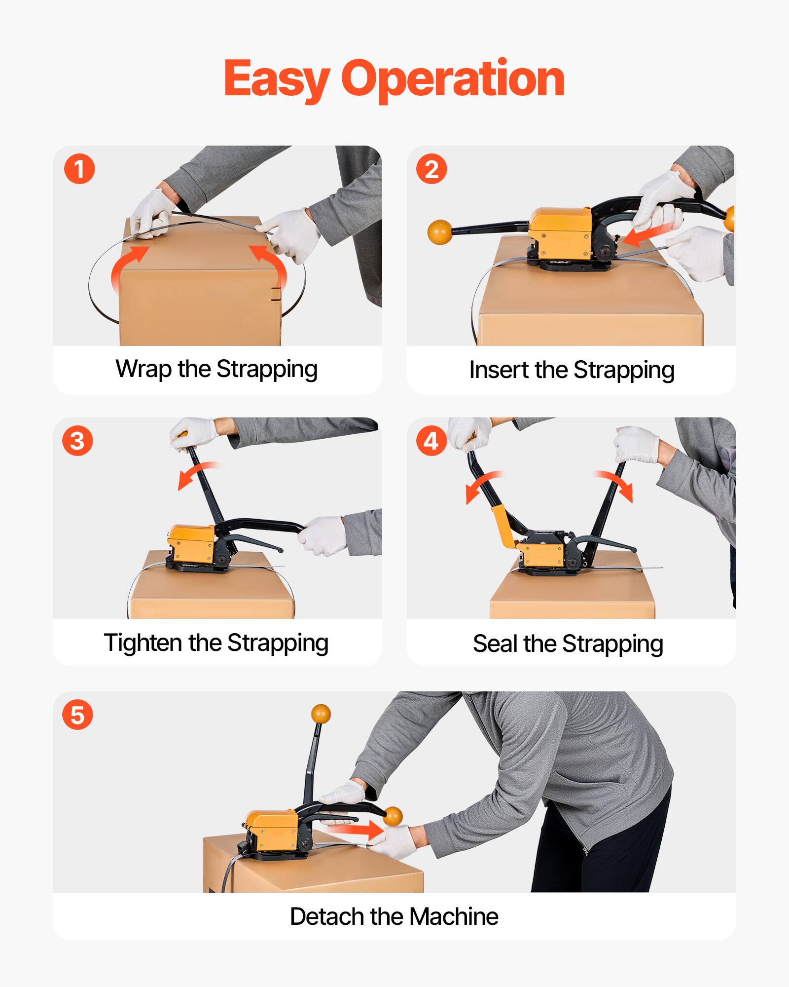 Easy Operation

1. Wrap the Strapping
2. Insert the Strapping
3. Tighten the Strapping
4. Seal the Strapping
5. Detach the Machine