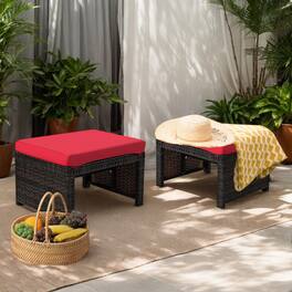 Kadyn - 2 Pieces Patio Rattan Ottomans with Soft Cushion for Patio and Garden- All Weather Wicker Ottoman - Red