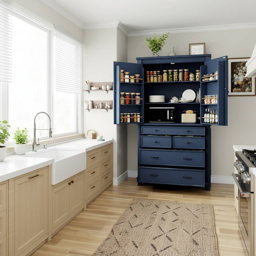 Forest'nSky - 77.3" Tall Kitchen Pantry, 43.3" Wide Storage Cabinet with 5 Drawers & 6 Door Shelves - Blue