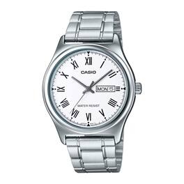 Casio - Men’s White Roman Dial Day Date Analog Watch - MTP-V006D-7BUDF - Silver