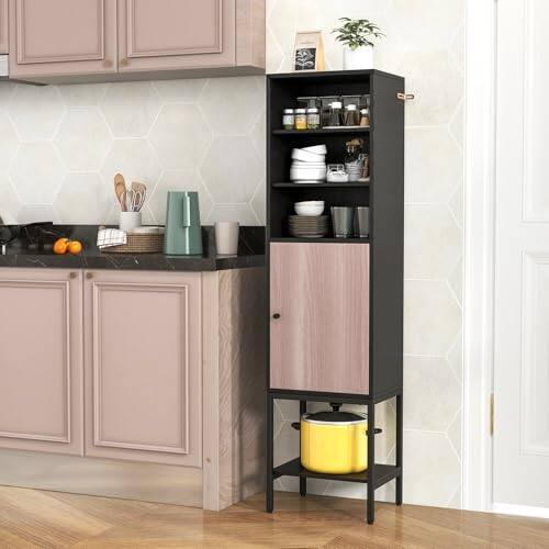 Alt View 1. Ecooso - 57 Inch Bathroom Tall Cabinet with 1 Door and 4 Shelves Narrow Storage Unit with Adjustable Shelves - Black.