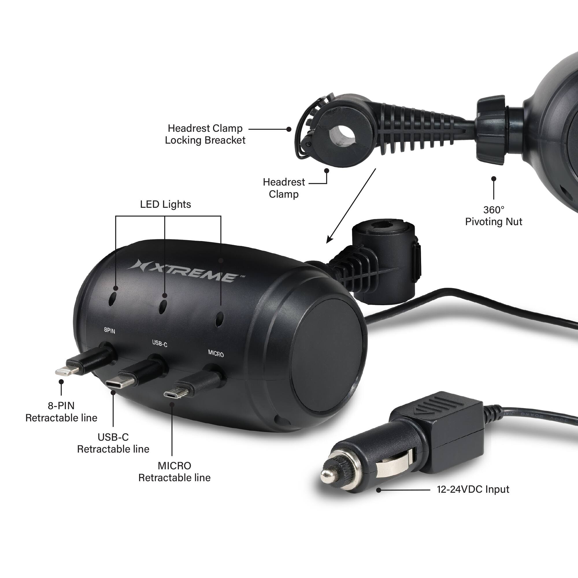 Headrest Clamp Locking Bracket  
Headrest Clamp  
360° Pivoting Nut  
LED Lights  
8-PIN Retractable Line  
USB-C Retractable Line  
MICRO Retractable Line  
12-24VDC Input