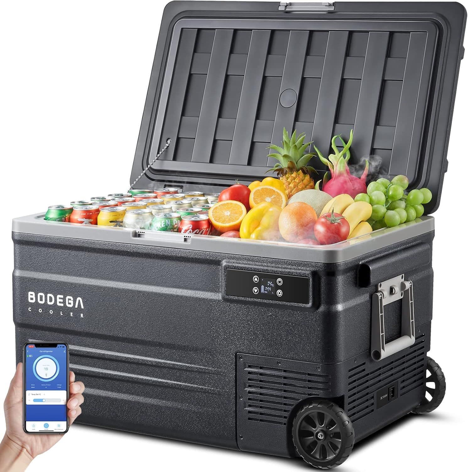Bodega - 12 Volt Car Fridge, 80 quarts(75L) refrigerator, APP control -4℉-68℉, H/M/L 3-level protection, Retractable Handle - Black