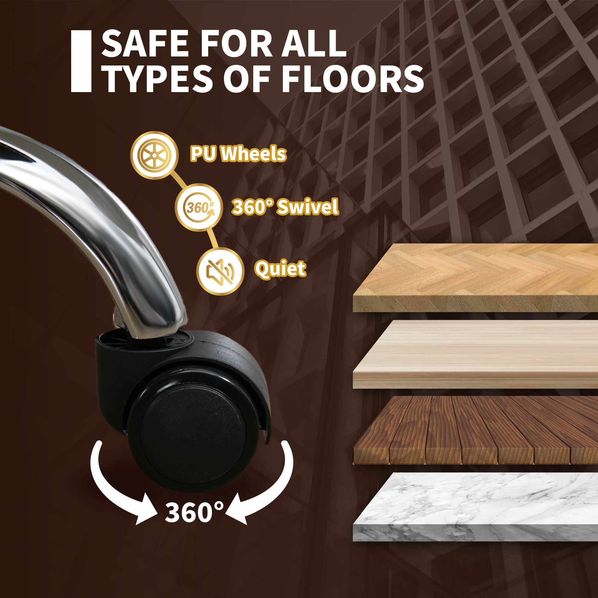 SAFE FOR ALL TYPES OF FLOORS, PU Wheels, 360° Swivel, Quiet, 360°