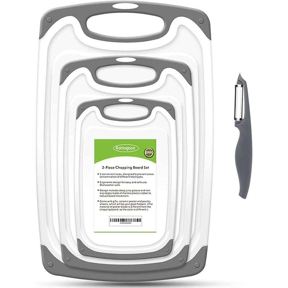 Rottogoon 3-Piece Chopping Board Set

- Convenient sizes designed to prevent cross-contamination of different food types.
- Ergonomic design for easy and safe use.
- Dishwasher safe.
- Design includes deep juice groove and non-slip edges made of durable plastic to reduce board movement.
- Comes with a pita ceramic peeler and poultry shears, which will be your good helpers.
- The materials of the board are different, so the color is different.
