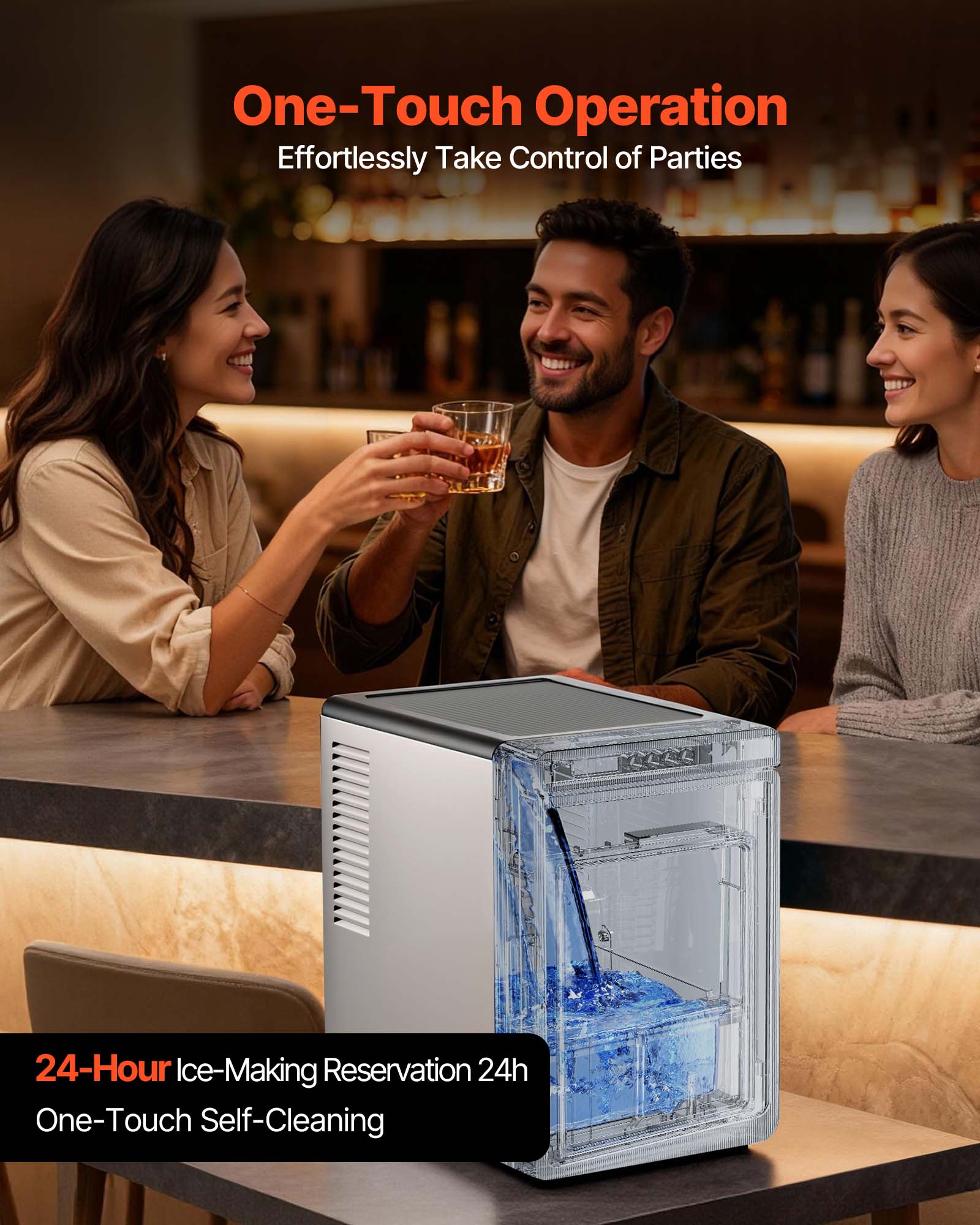 One-Touch Operation  
Effortlessly Take Control of Parties  

24-Hour Ice-Making Reservation 24h  
One-Touch Self-Cleaning