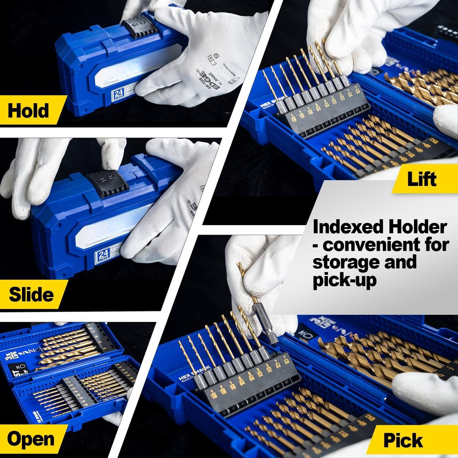 Hold  
Lift  
Slide  
Open  
Pick  

Indexed Holder - convenient for storage and pick-up