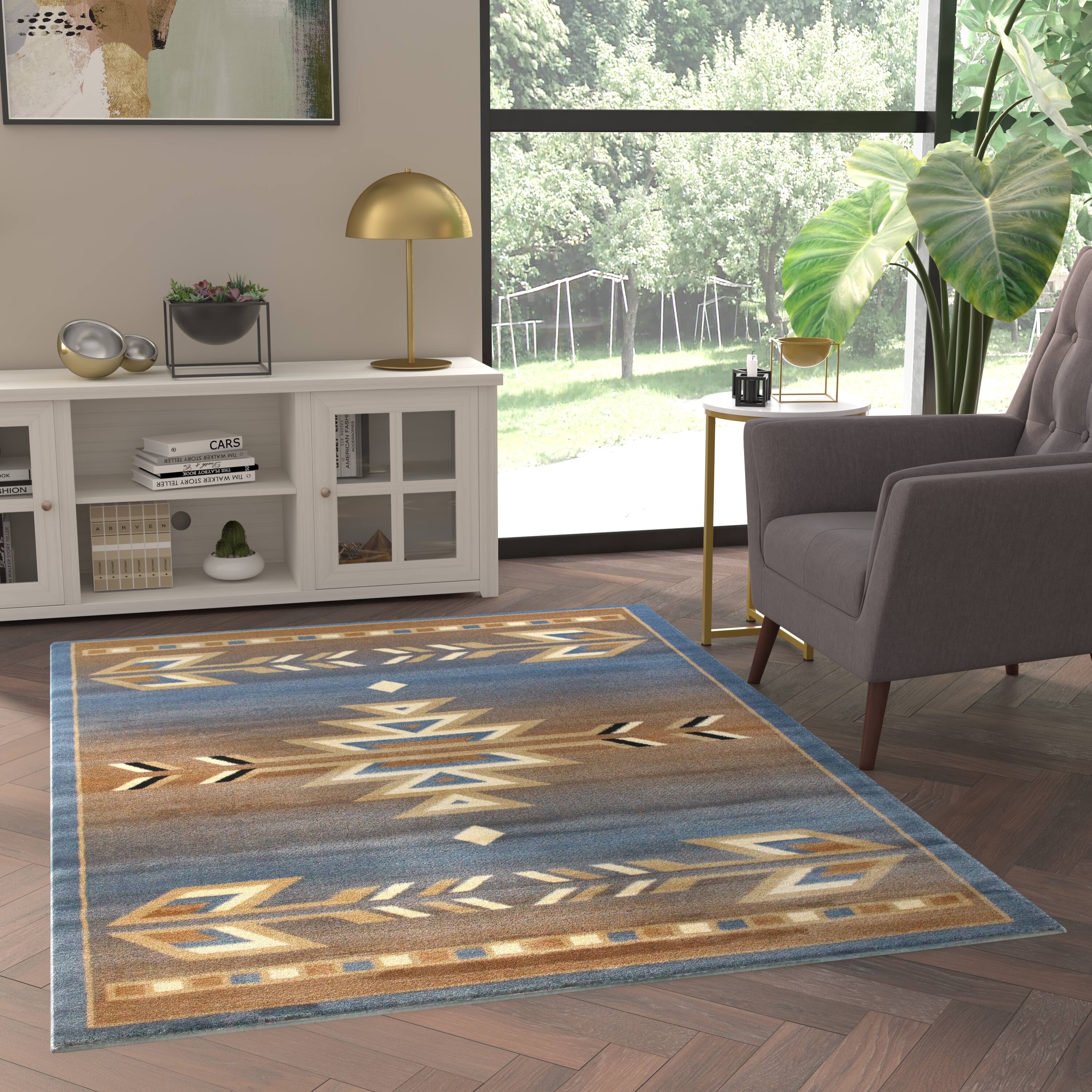 Emma + Oliver - Reno Olefin Accent Rug with Southwestern Geometric Arrow Design and Natural Jute Backing - Blue