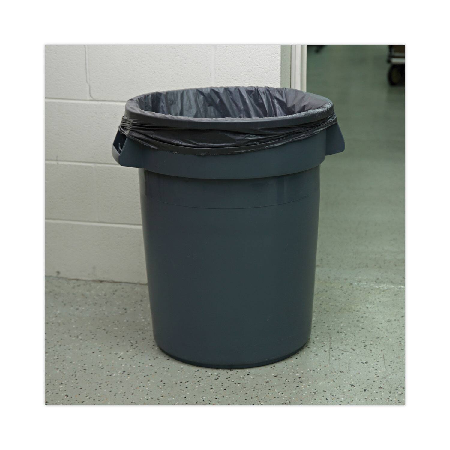 Back. Boardwalk - Round Waste Receptacle, 32 gal, Linear-Low-Density Polyethylene, Gray.