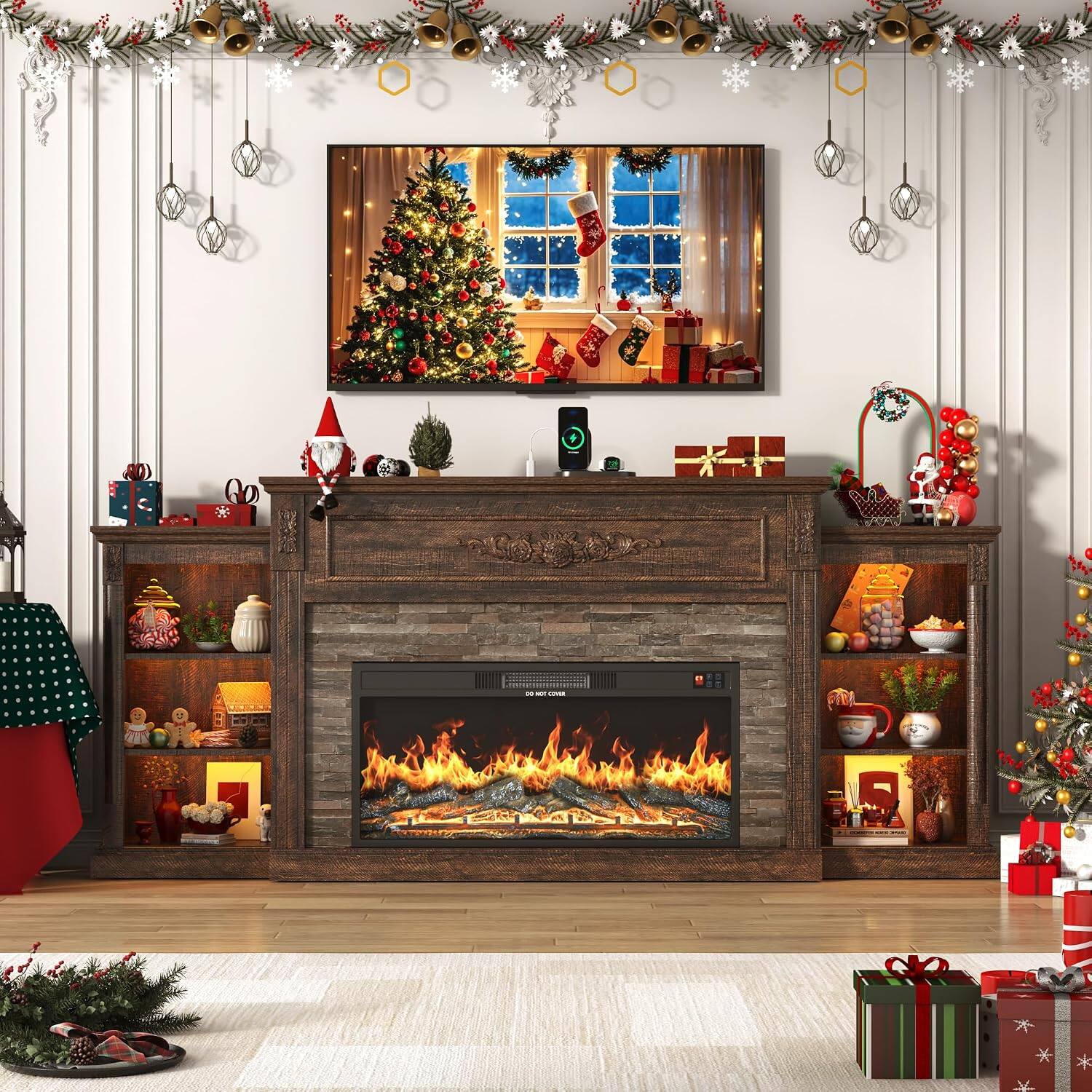 Angle. Espafurni - 85" Electric Fireplace TV Stand, Farmhouse Style w/ Charging Station & LED - Brown.