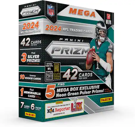 PRIZM NFL MEGA 2024
2024 NFL TRADING CARDS
42 CARDS PER BOX
Find 3 SILVER PRIZMS!
10 ROOKIE CARDS!
1 MEMORABILIA CARD!
5 MEGA BOX EXCLUSIVE Neon Green Pulsar Prizms!
7 CARDS PER PACK
6 PACKS PER BOX
OFFICIAL PANINI NFTs
WIN a chance to be the Panini Super Bowl Reporter
paninikidreporter.com
PANINI