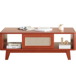 GOODSILO - Mid Century Modern Storage Coffee Table with Rattan Drawer and Solid Wood Legs for Living Room Furniture - Cherry