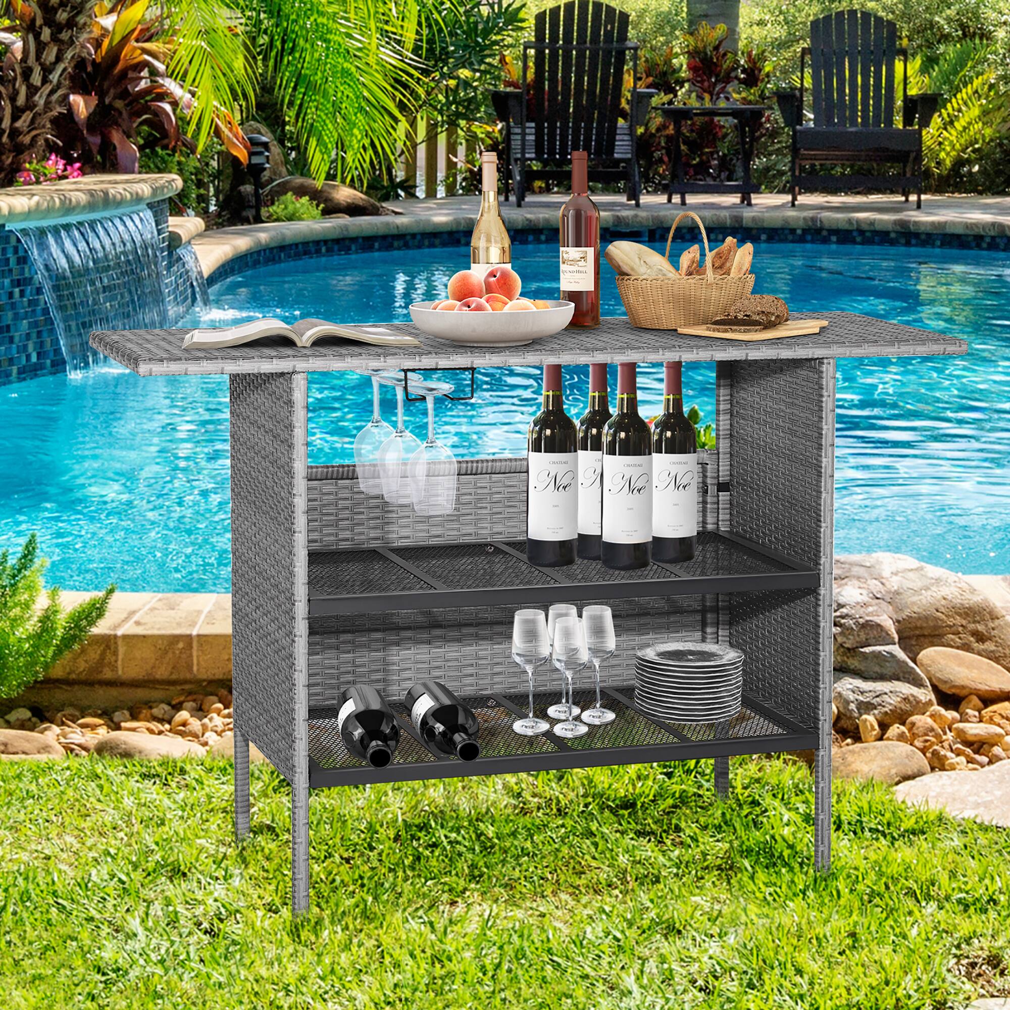 Alt View 1. Costway - Costway Patio Rattan Wicker Bar Height Counter Table Storage Shelf Rail Garden - Gray.