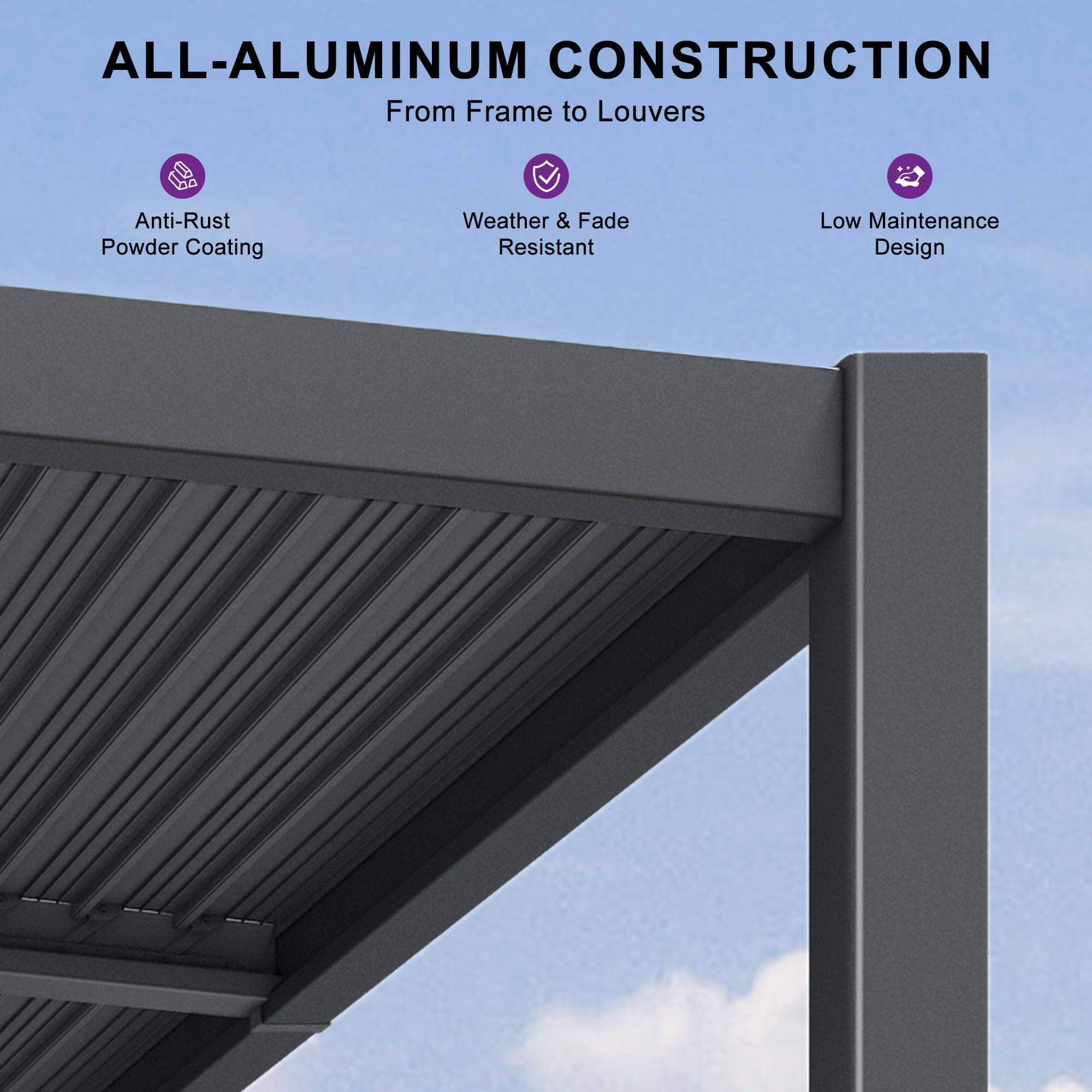 ALL-ALUMINUM CONSTRUCTION  
From Frame to Louvers  
Anti-Rust Powder Coating  
Weather & Fade Resistant  
Low Maintenance Design