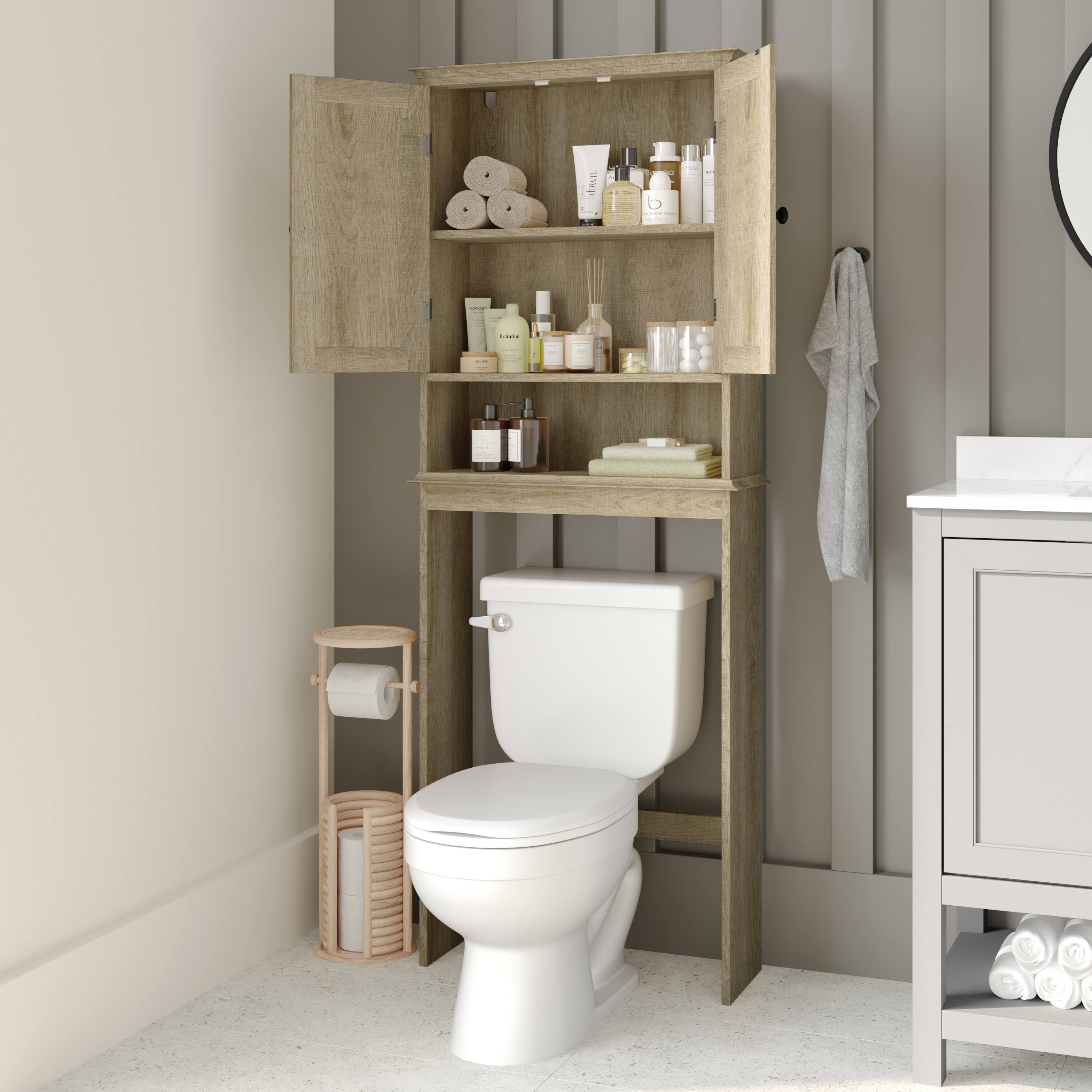 Alt View 4. Emma + Oliver - Farmhouse Over the Toilet Cabinet with Shelves and Magnetic Closure Doors - Brown.